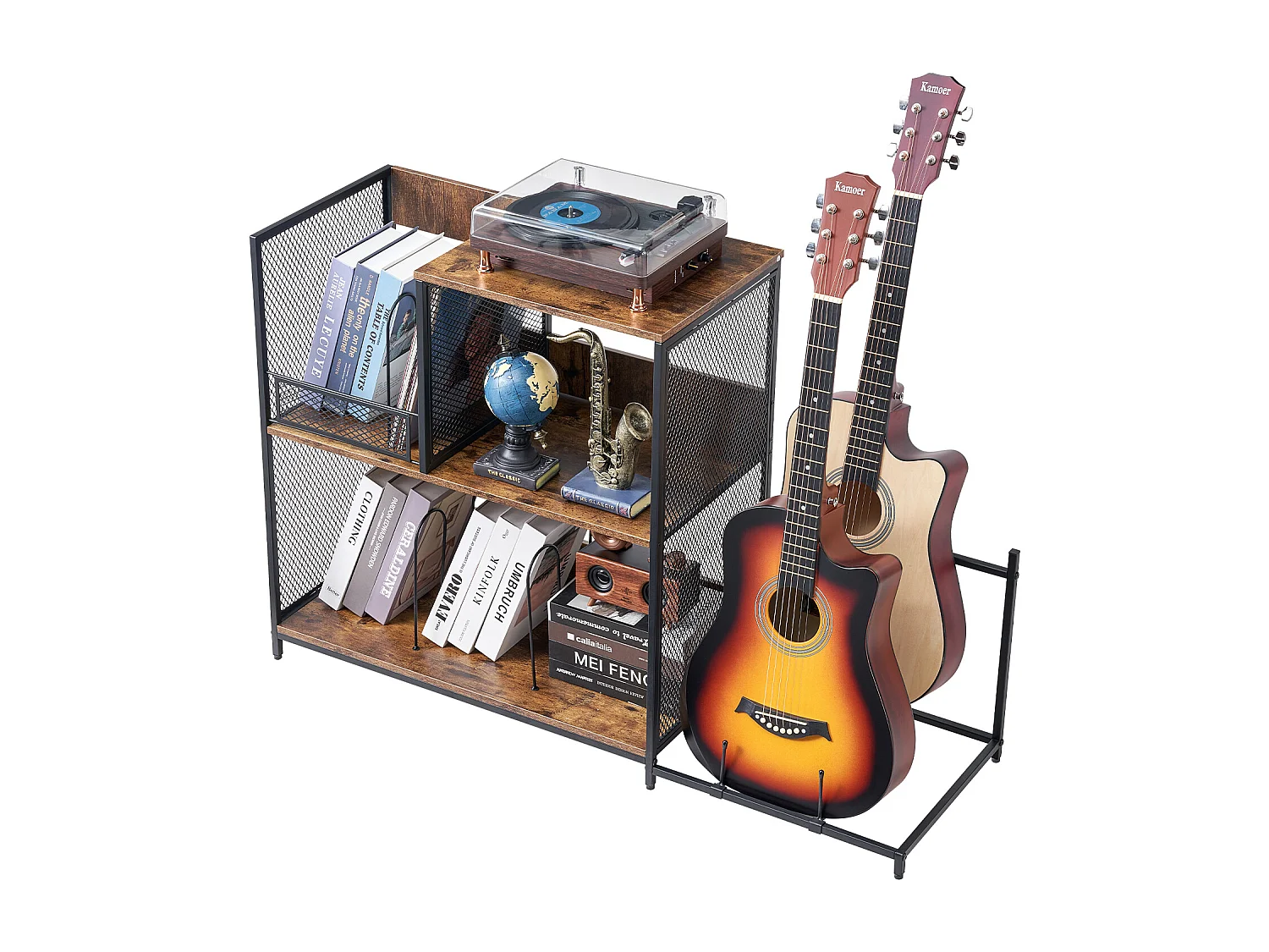 Meuble DVD SucceBuy Support pour Tourne-Disque, Support pour Platine Vinyle en Métal à 3 Niveaux avec Rangement pour Guitare