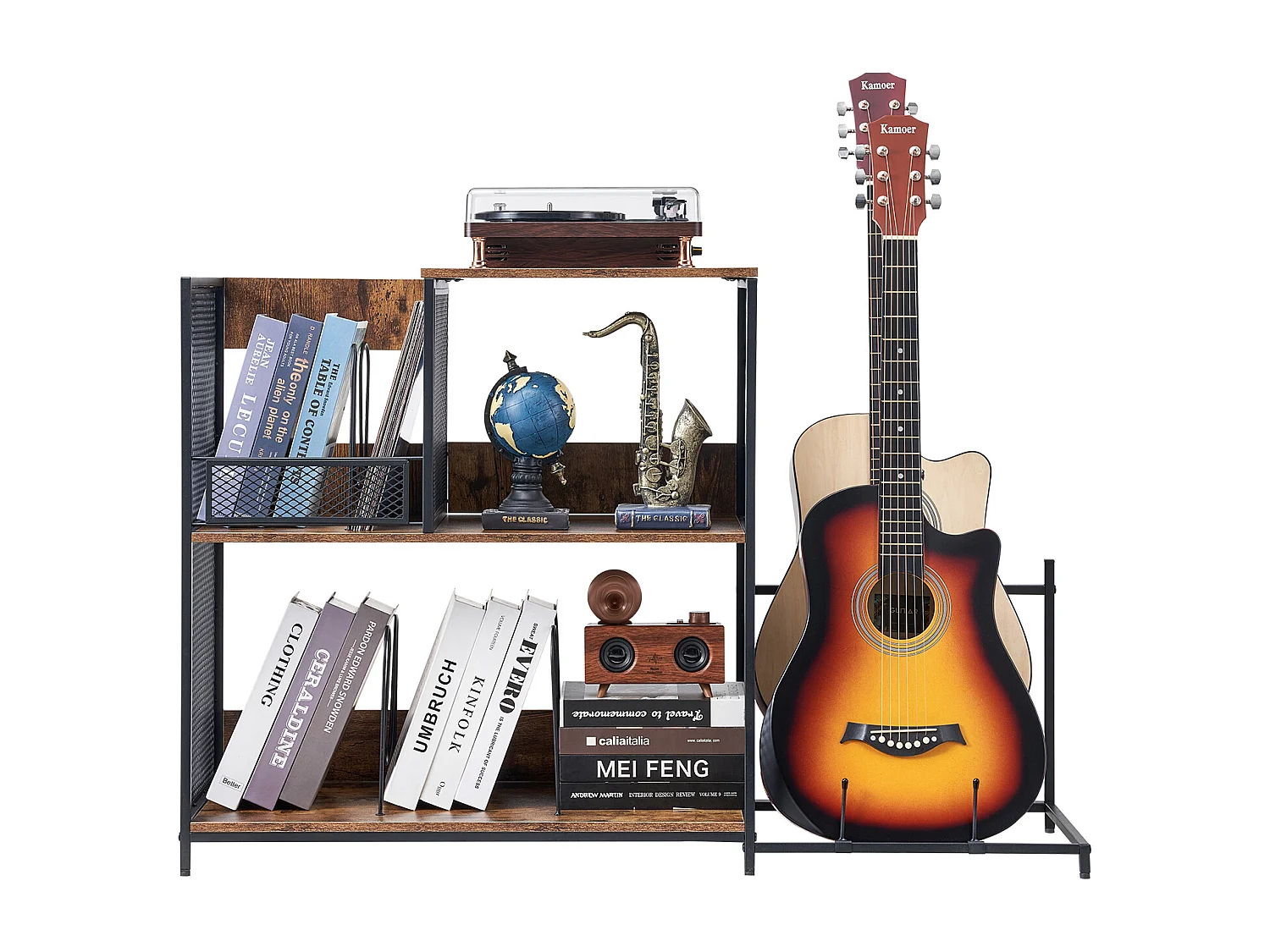 Meuble DVD SucceBuy Support pour Tourne-Disque, Support pour Platine Vinyle en Métal à 3 Niveaux avec Rangement pour Guitare