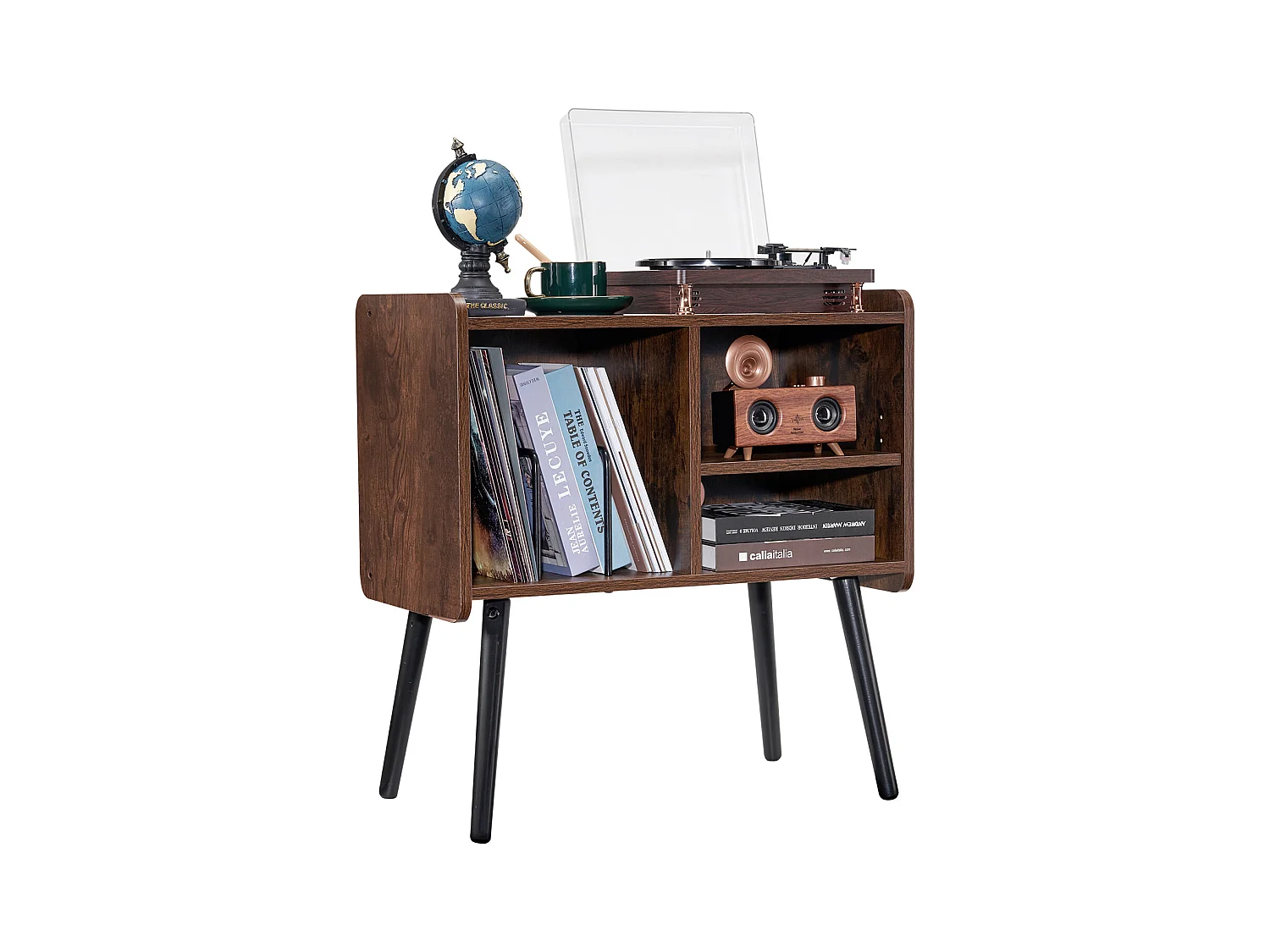 Meuble DVD SucceBuy Support pour Tourne-Disque à 2 Niveaux et 3 Armoires, Marron et Noir