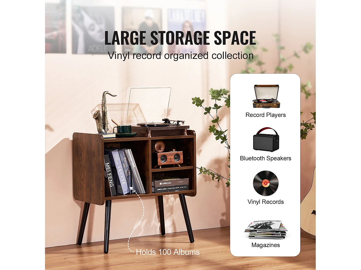 Meuble DVD SucceBuy Support pour Tourne-Disque à 2 Niveaux et 3 Armoires, Marron et Noir