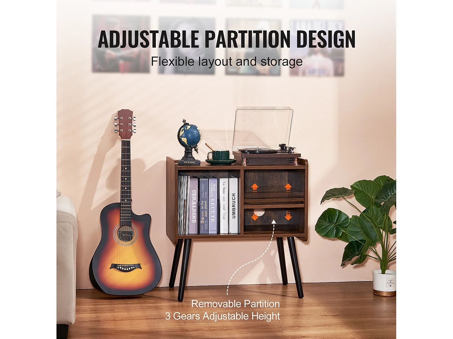 Meuble DVD SucceBuy Support pour Tourne-Disque à 2 Niveaux et 3 Armoires, Marron et Noir