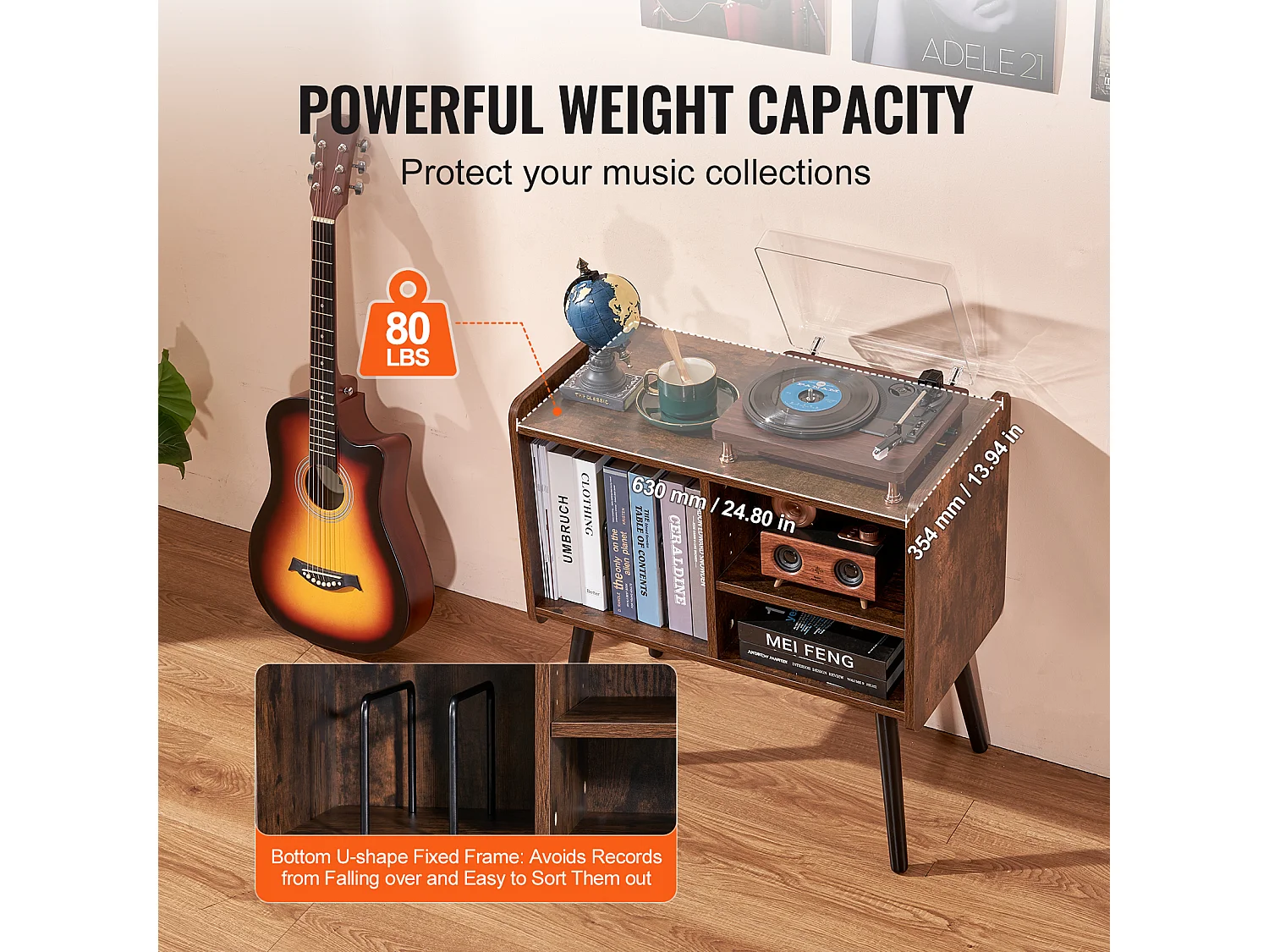 Meuble DVD SucceBuy Support pour Tourne-Disque à 2 Niveaux et 3 Armoires, Marron et Noir