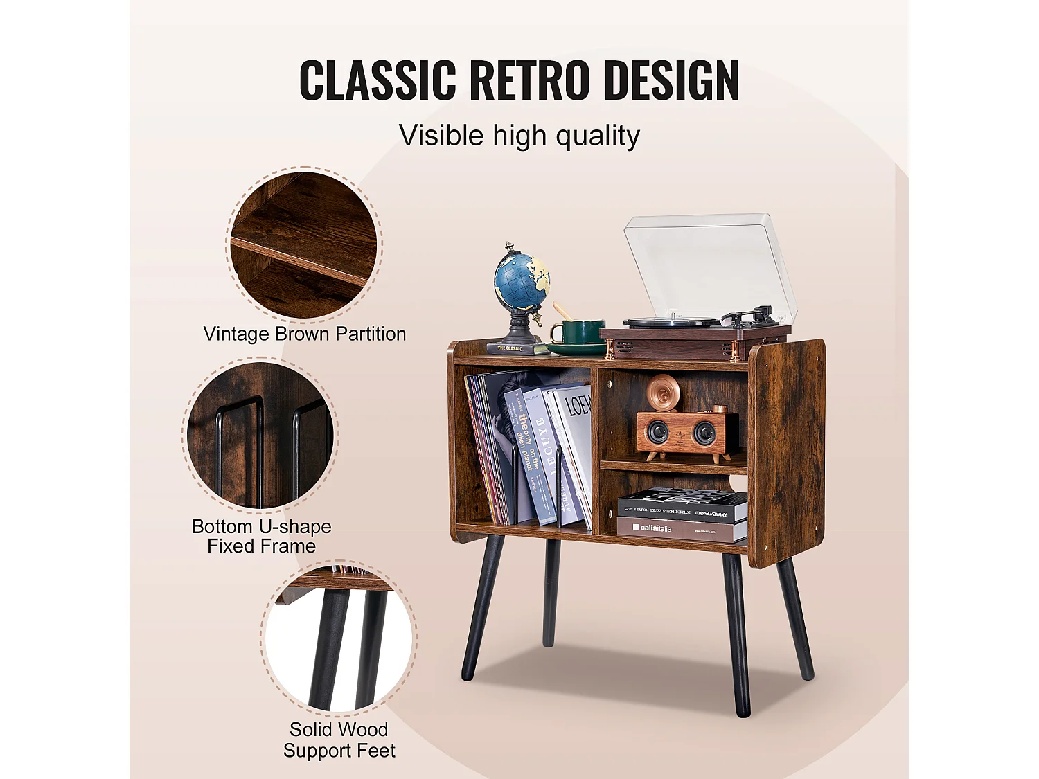 Meuble DVD SucceBuy Support pour Tourne-Disque à 2 Niveaux et 3 Armoires, Marron et Noir