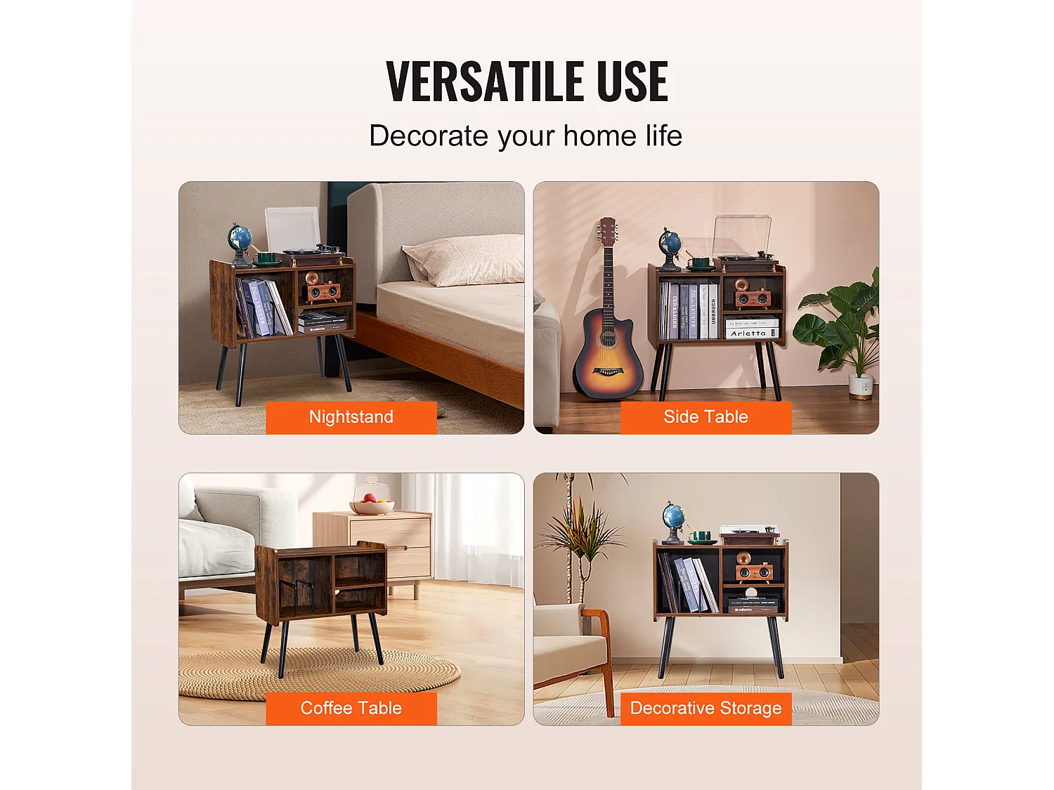 Meuble DVD SucceBuy Support pour Tourne-Disque à 2 Niveaux et 3 Armoires, Marron et Noir