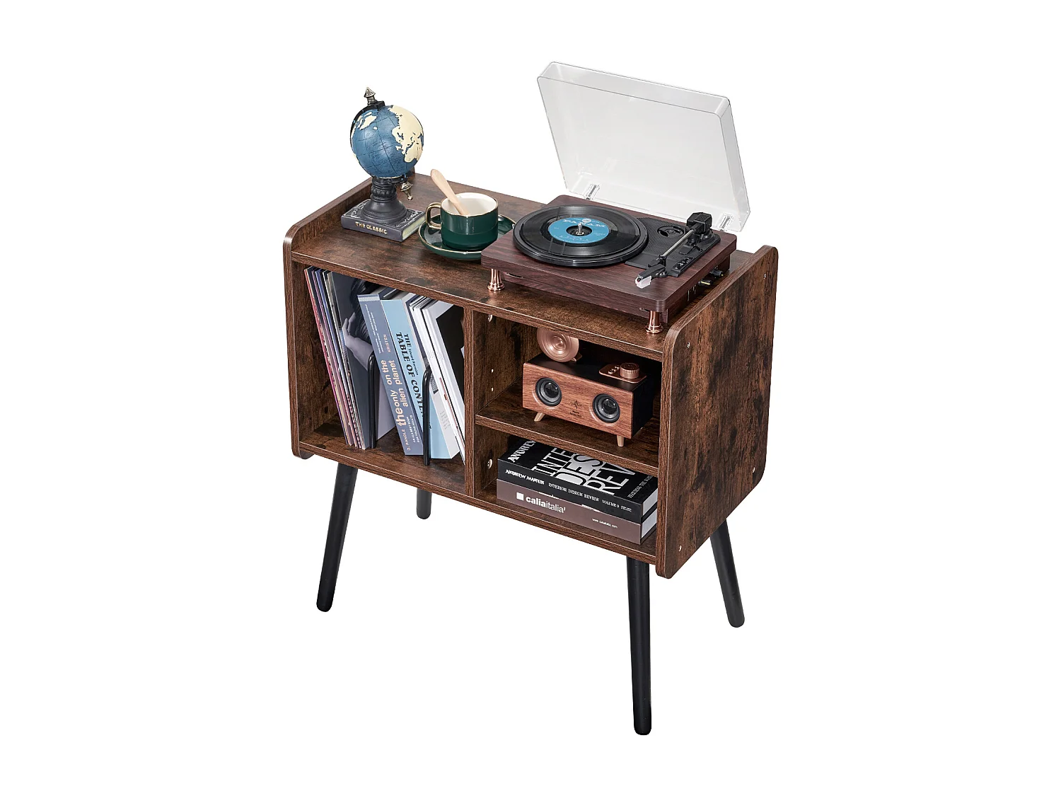 Meuble DVD SucceBuy Support pour Tourne-Disque à 2 Niveaux et 3 Armoires, Marron et Noir