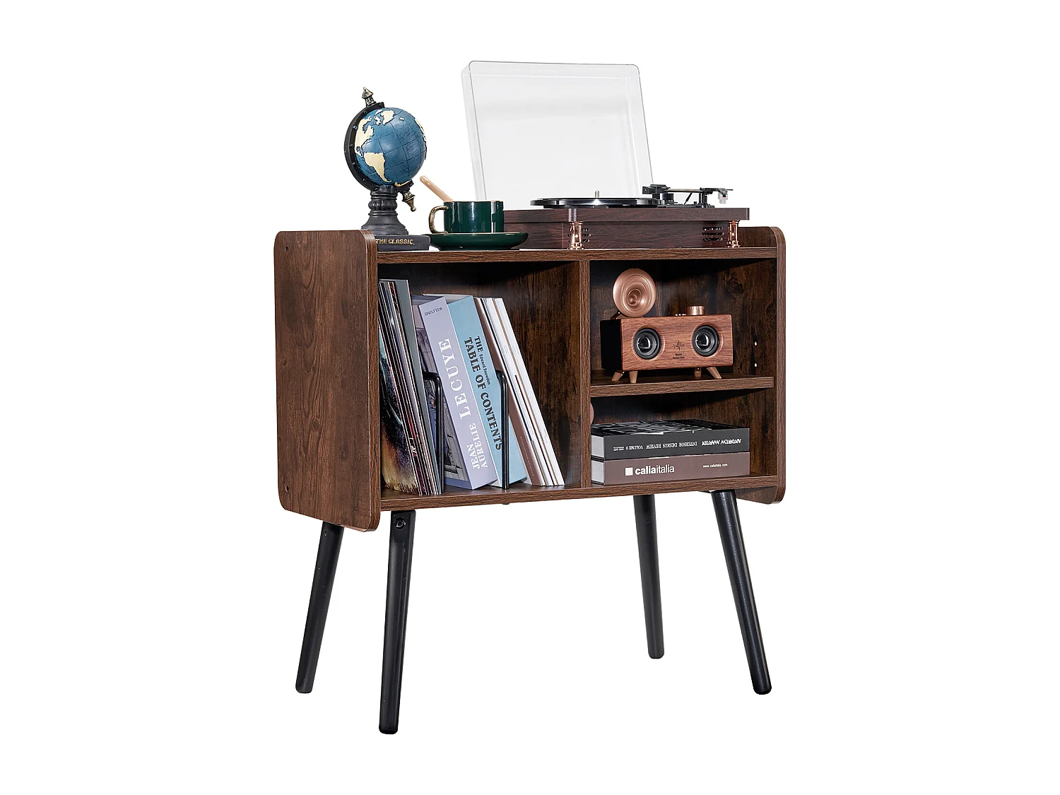 Meuble DVD SucceBuy Support pour Tourne-Disque à 2 Niveaux et 3 Armoires, Marron et Noir