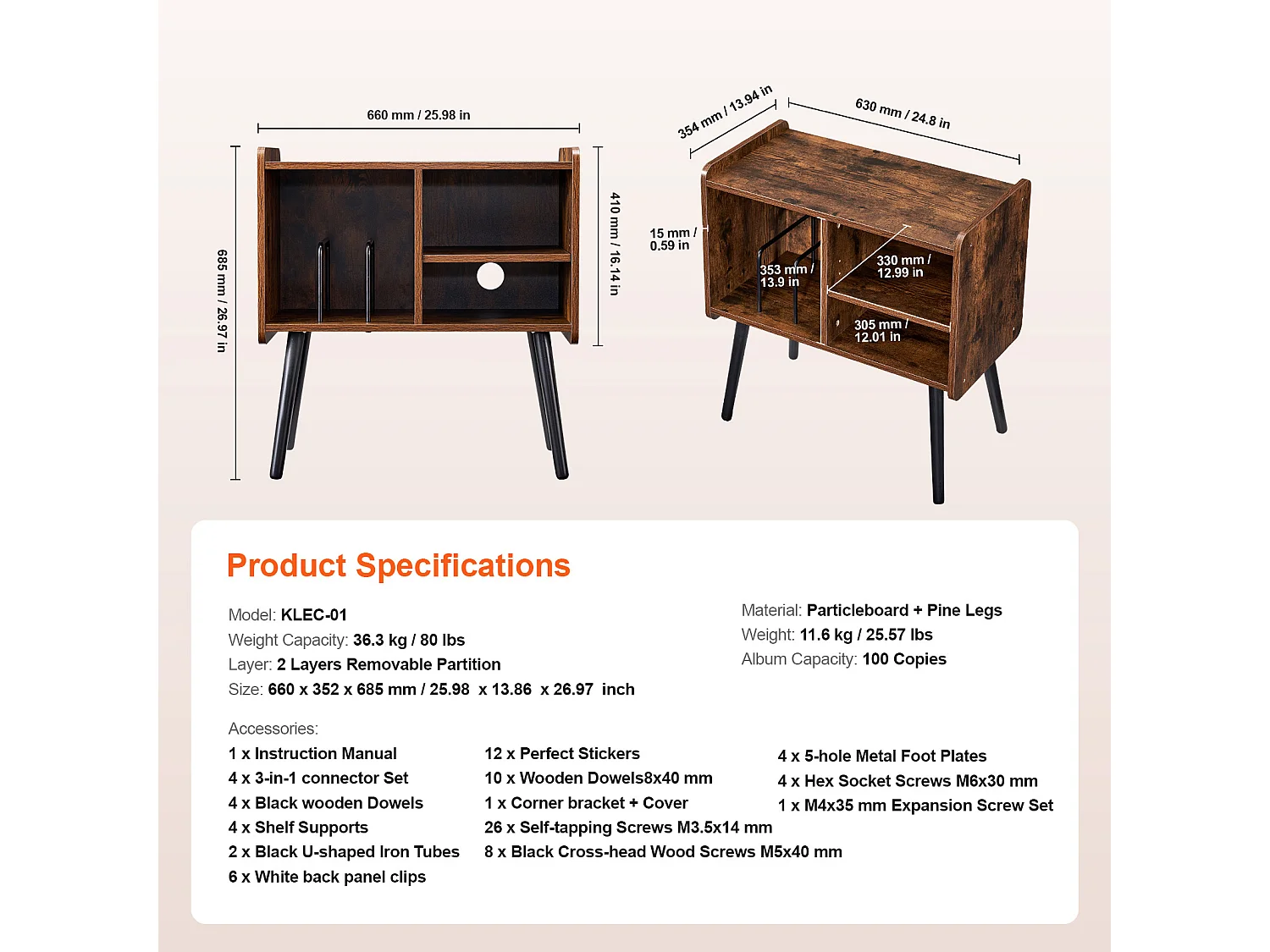 Meuble DVD SucceBuy Support pour Tourne-Disque à 2 Niveaux et 3 Armoires, Marron et Noir