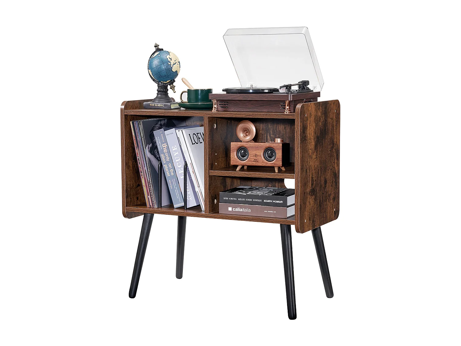 Meuble DVD SucceBuy Support pour Tourne-Disque à 2 Niveaux et 3 Armoires, Marron et Noir