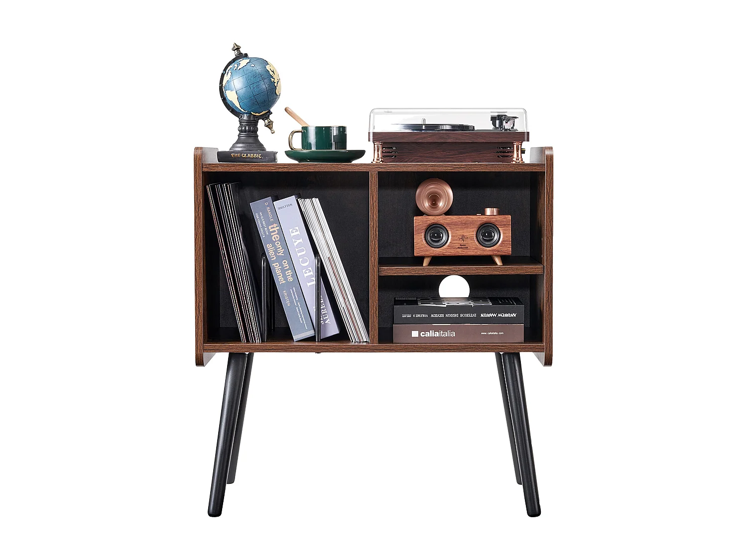 Meuble DVD SucceBuy Support pour Tourne-Disque à 2 Niveaux et 3 Armoires, Marron et Noir