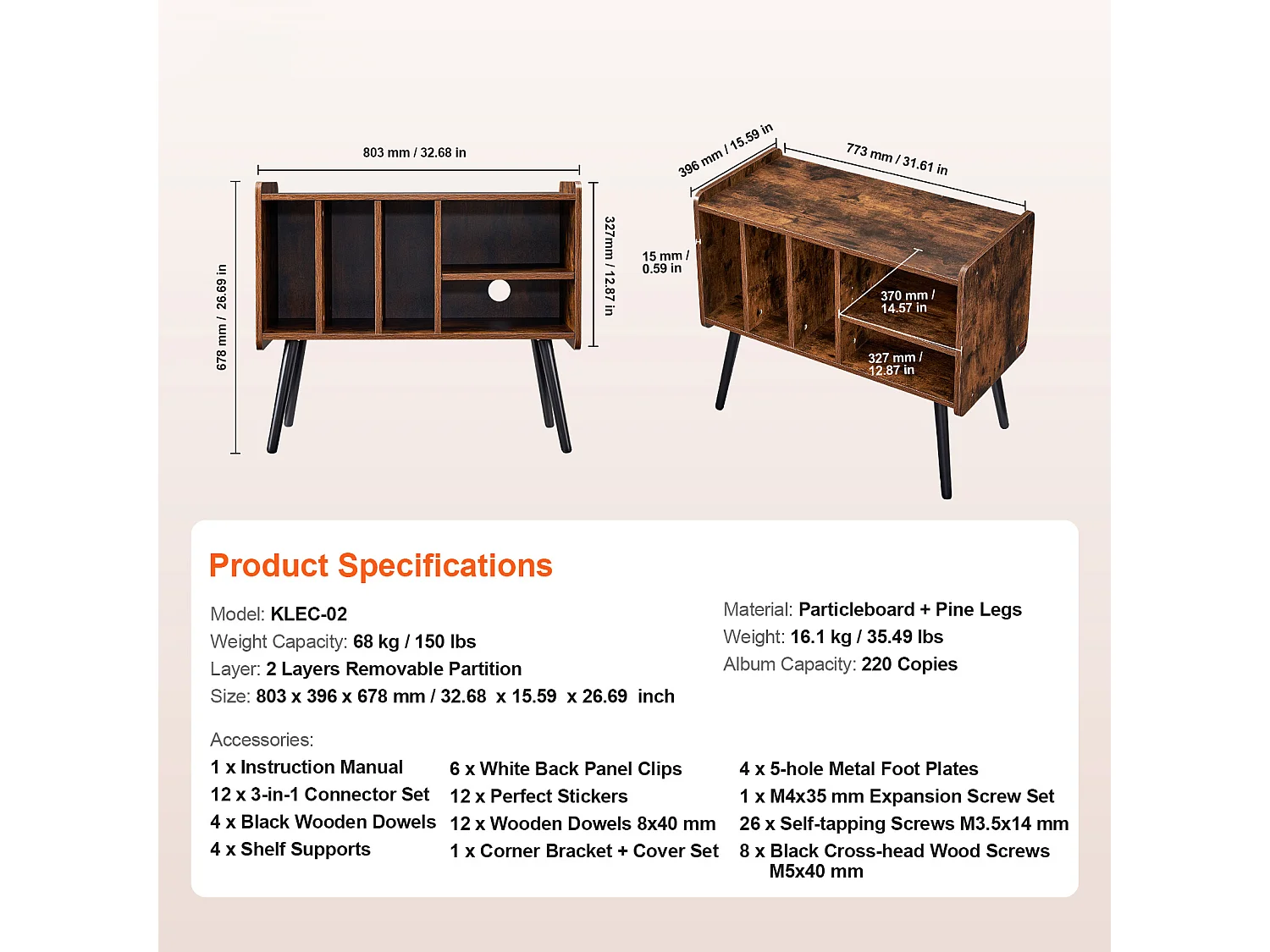 Meuble DVD SucceBuy Support pour Tourne-Disque 2 Niveaux 3 Armoires en Bois Marron