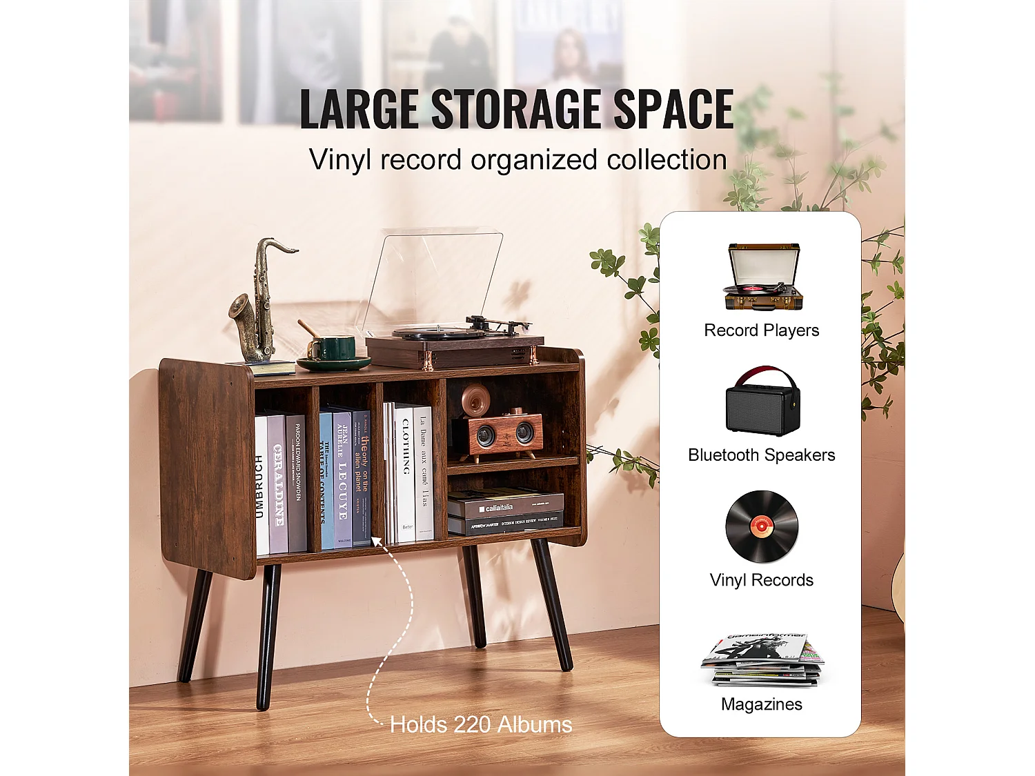 Meuble DVD SucceBuy Support pour Tourne-Disque 2 Niveaux 3 Armoires en Bois Marron