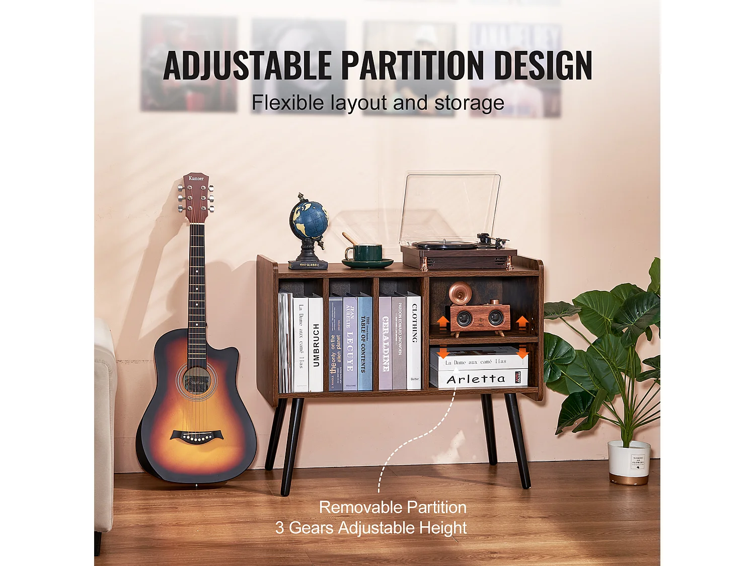 Meuble DVD SucceBuy Support pour Tourne-Disque 2 Niveaux 3 Armoires en Bois Marron