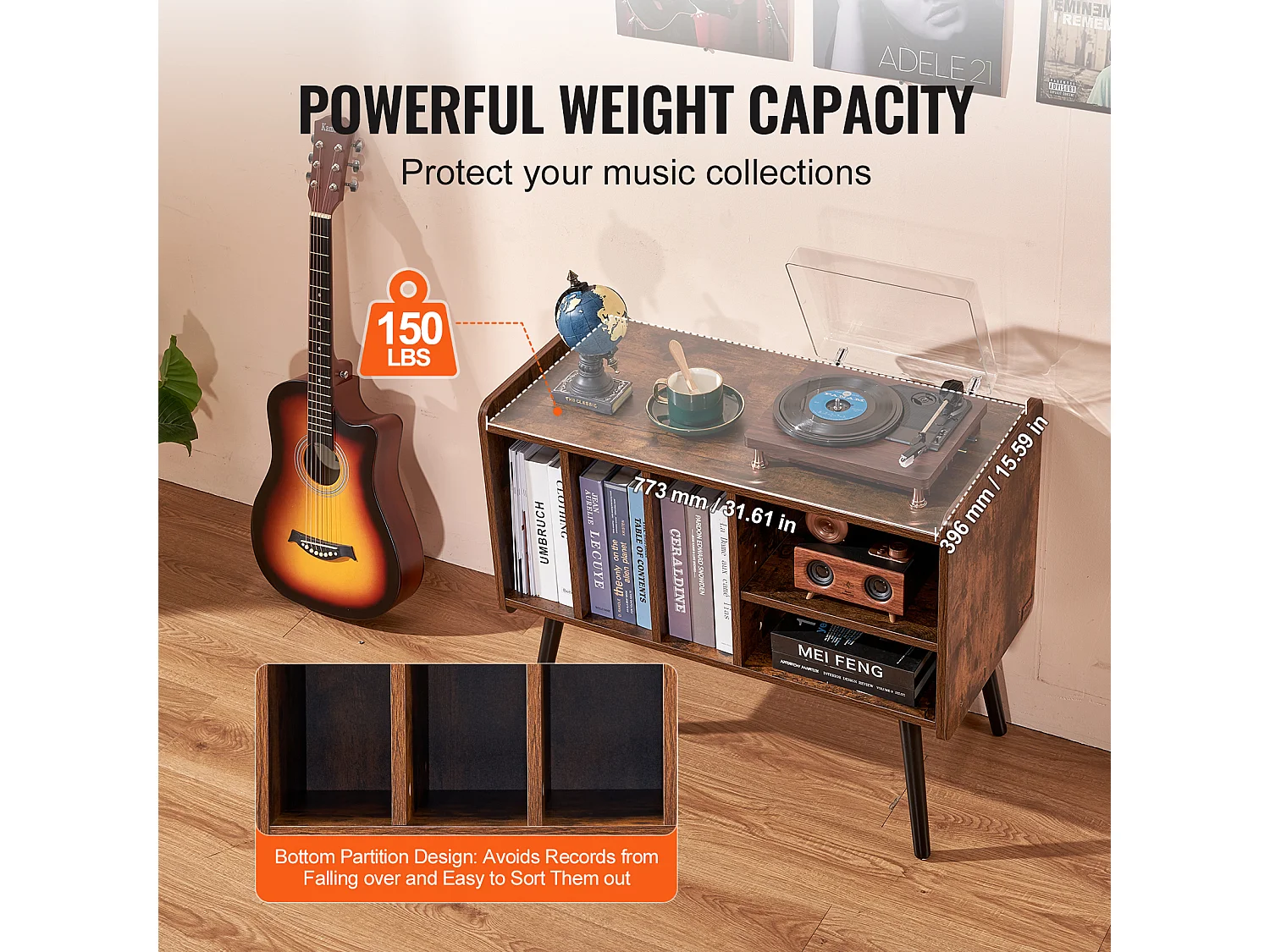 Meuble DVD SucceBuy Support pour Tourne-Disque 2 Niveaux 3 Armoires en Bois Marron