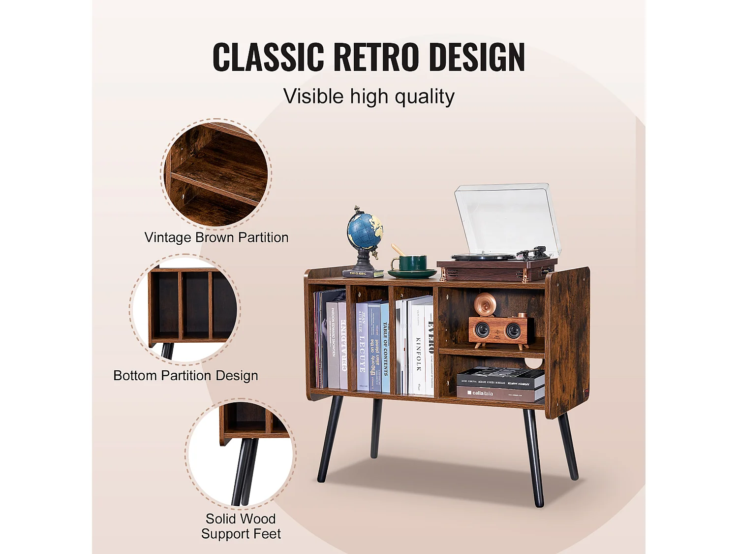 Meuble DVD SucceBuy Support pour Tourne-Disque 2 Niveaux 3 Armoires en Bois Marron