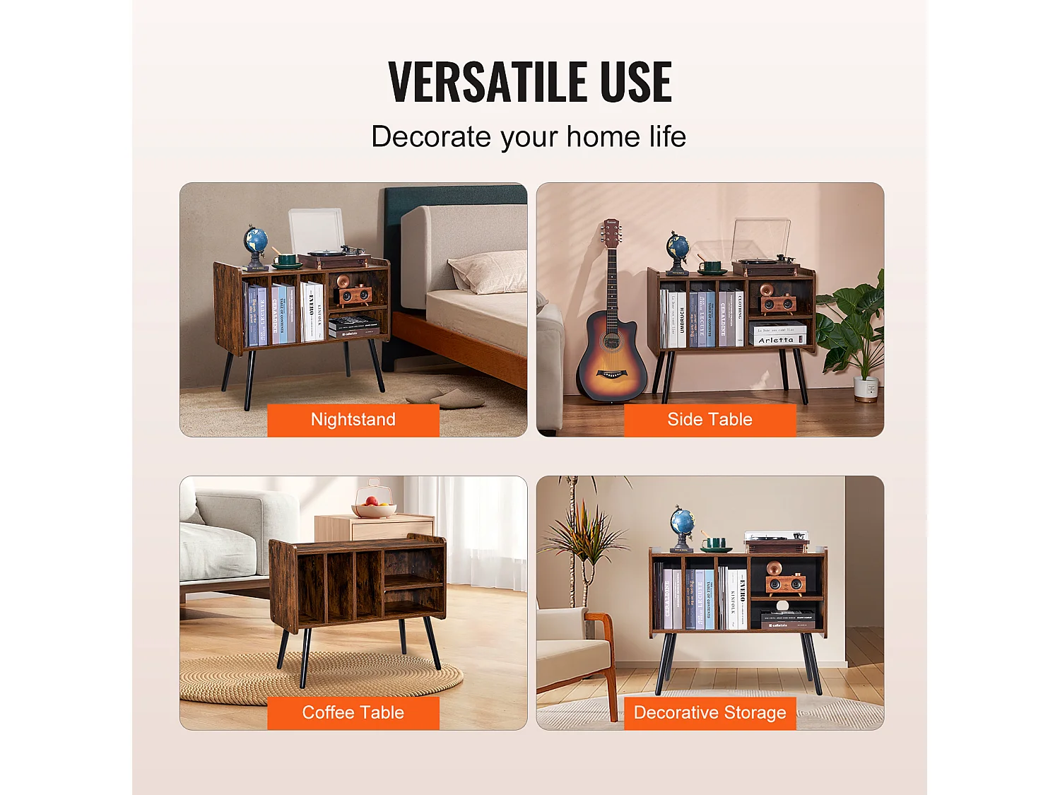 Meuble DVD SucceBuy Support pour Tourne-Disque 2 Niveaux 3 Armoires en Bois Marron