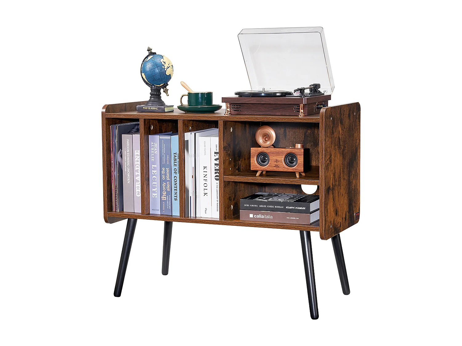 Meuble DVD SucceBuy Support pour Tourne-Disque 2 Niveaux 3 Armoires en Bois Marron