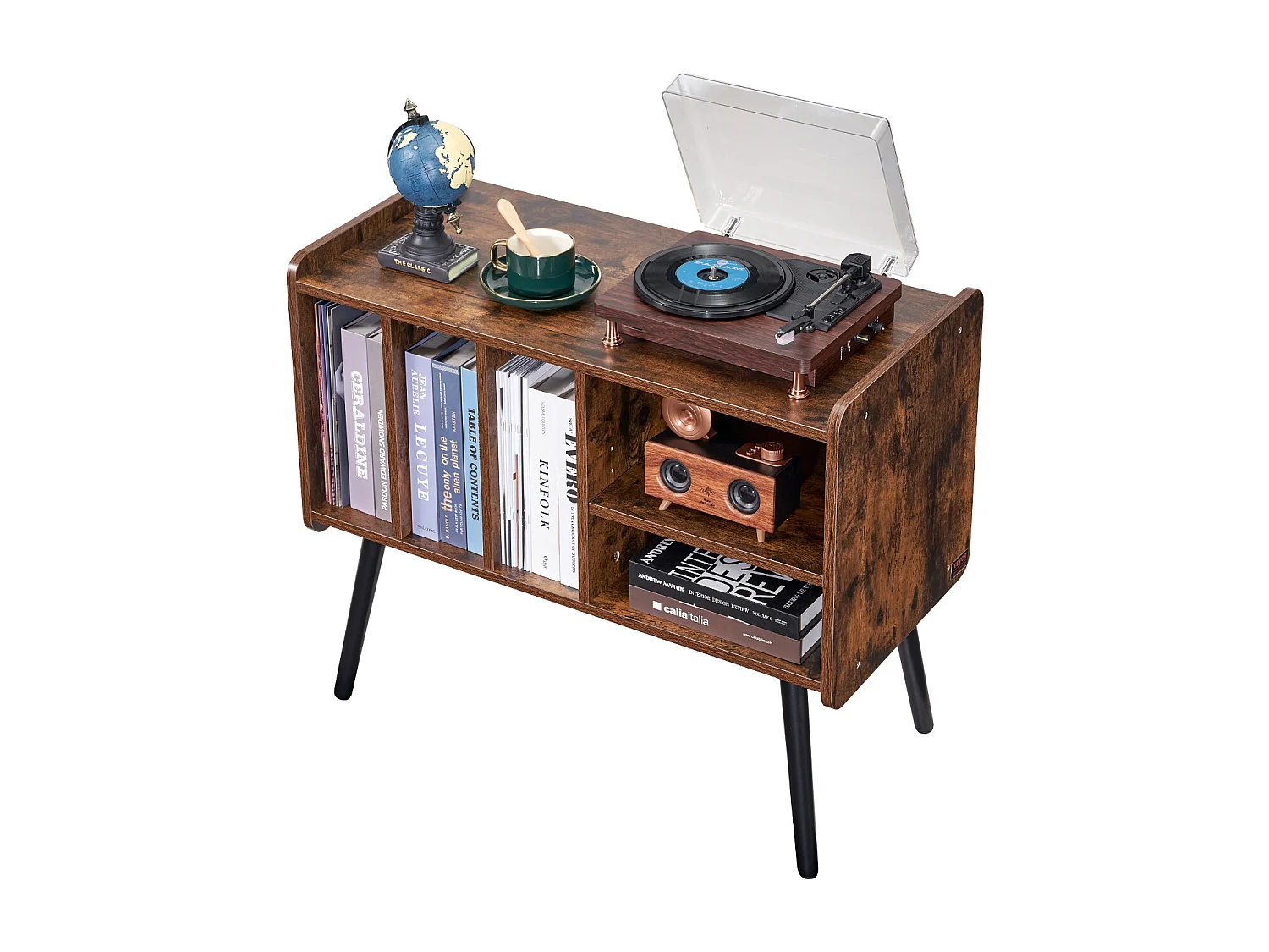 Meuble DVD SucceBuy Support pour Tourne-Disque 2 Niveaux 3 Armoires en Bois Marron