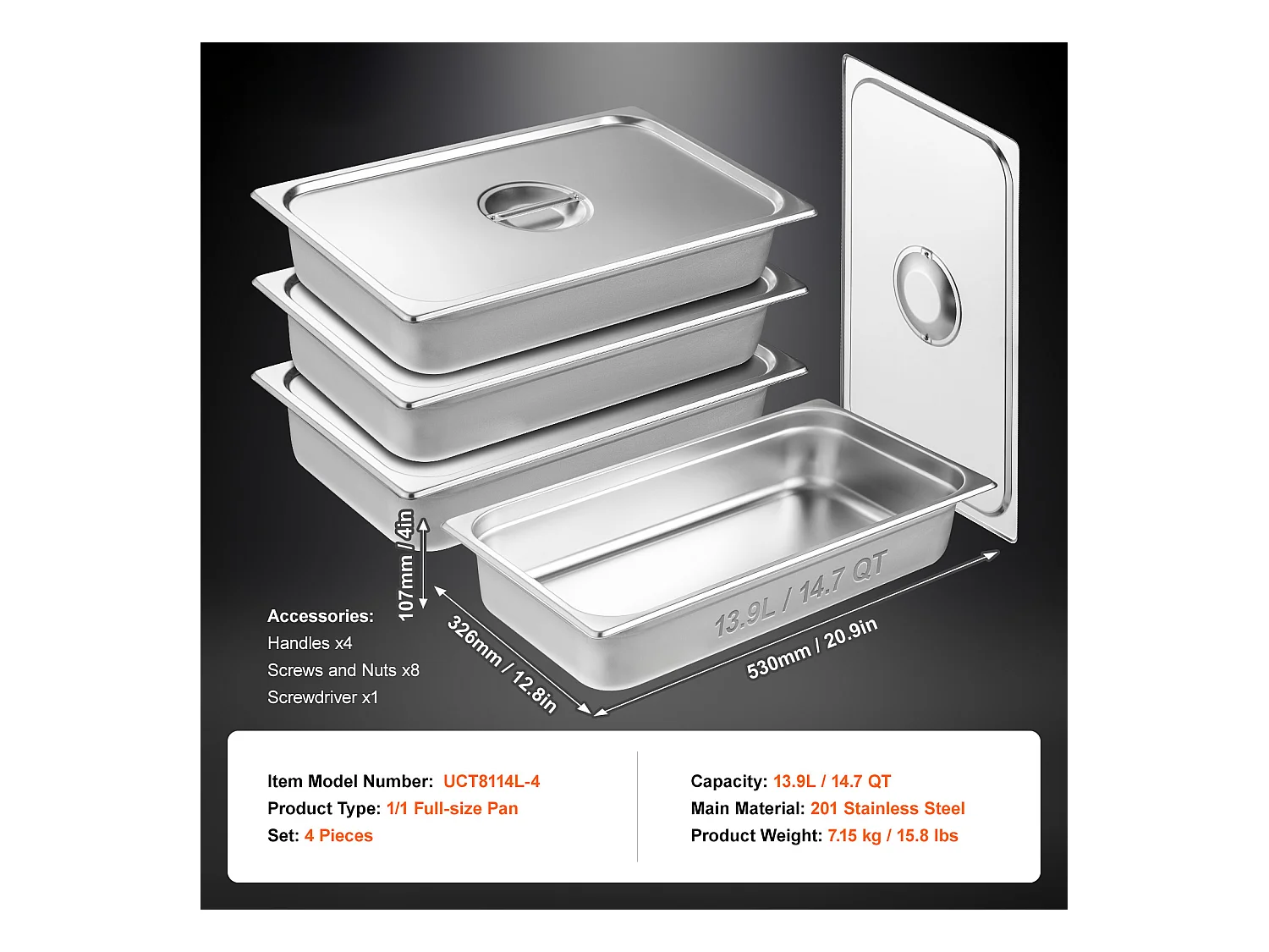 Plat SucceBuy Lot de 4 Casseroles d'H么tel de Taille Standard, Casserole Profonde en Acier Inoxydable de 10.16CM avec Couvercle