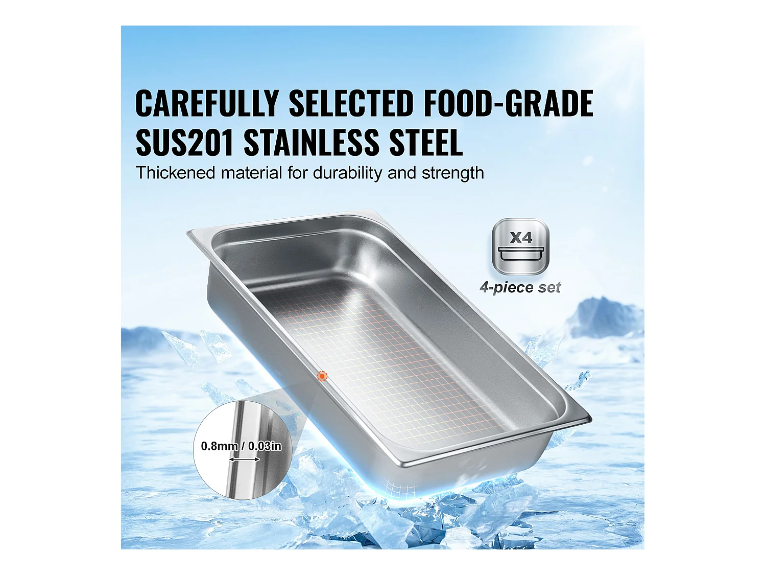 Plat SucceBuy Lot de 4 Casseroles d'H么tel de Taille Standard, Casserole Profonde en Acier Inoxydable de 10.16CM avec Couvercle