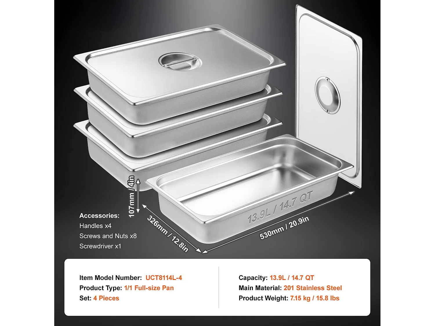 Plat SucceBuy Lot de 4 Casseroles d'H么tel de Taille Standard, Casserole Profonde en Acier Inoxydable de 10.16CM avec Couvercle