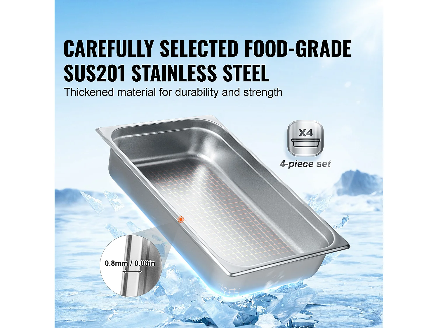 Plat SucceBuy Lot de 4 Casseroles d'H么tel de Taille Standard, Casserole Profonde en Acier Inoxydable de 10.16CM avec Couvercle