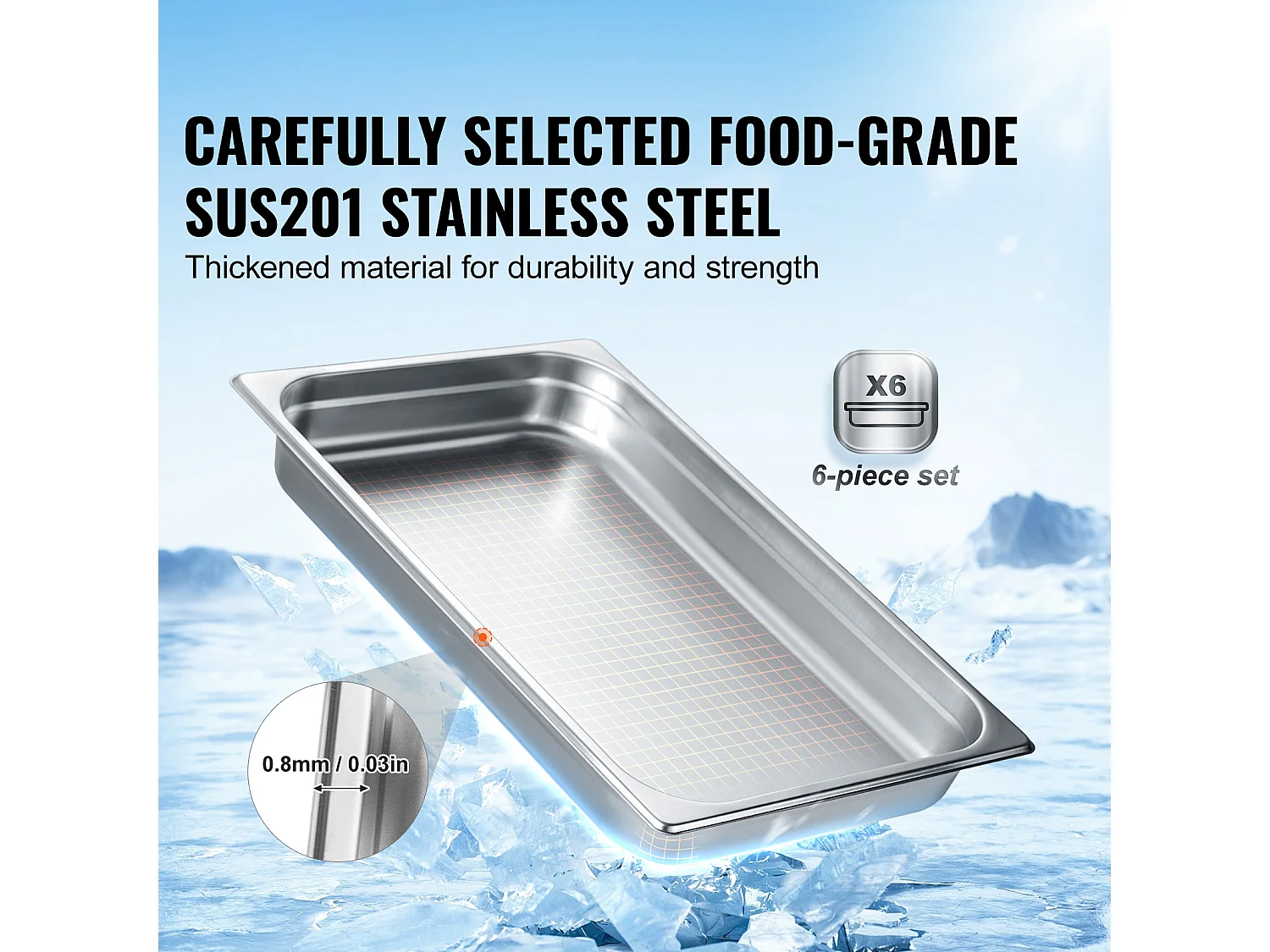 Plat SucceBuy Lot de 6 Poêles à Vapeur pour Hôtel, en Acier Inoxydable, de 6.3 cm de Profondeur, pour Une Utilisation Industrielle et Scientifique