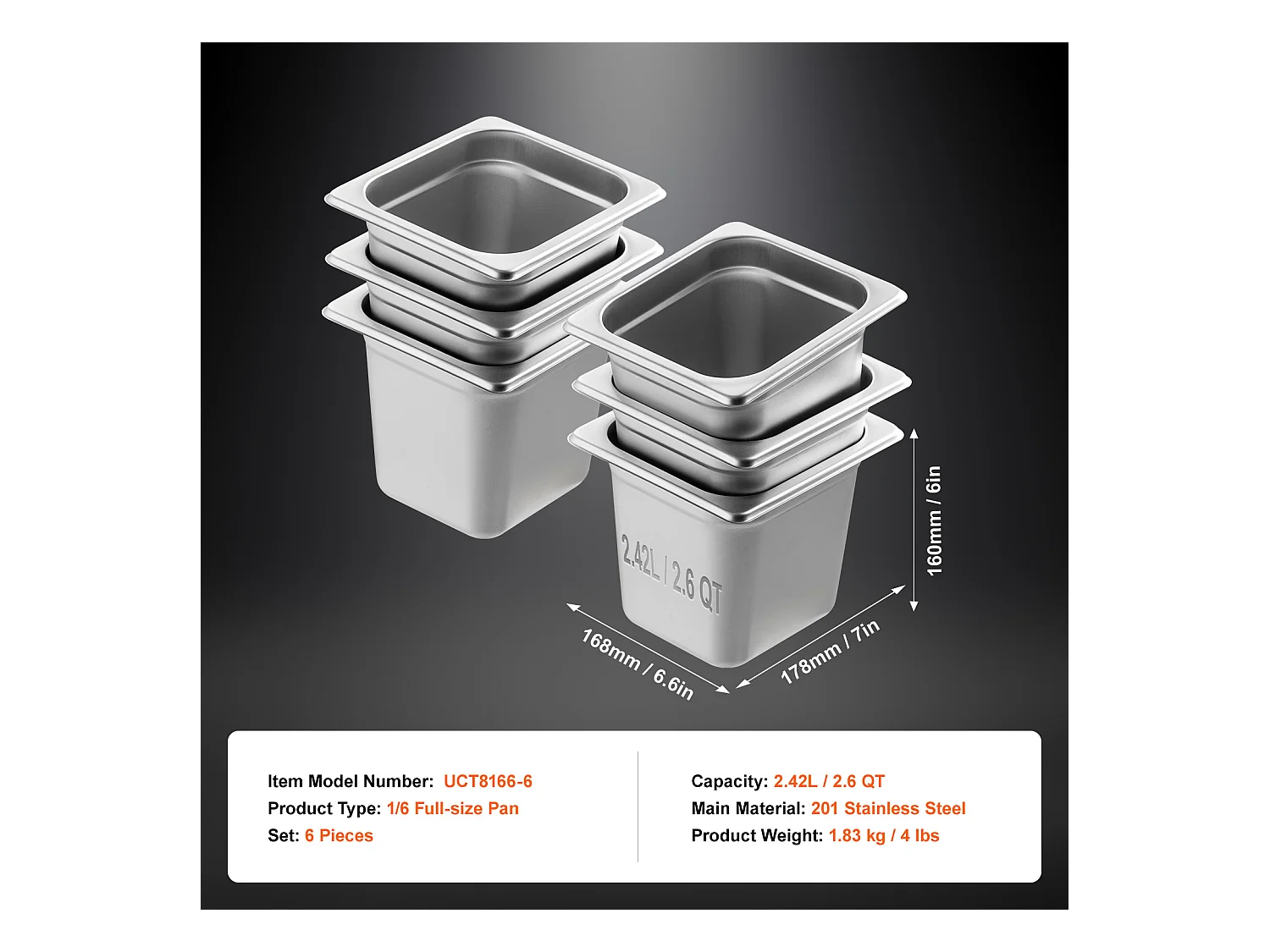 Plat SucceBuy Lot de 6 Casseroles d'Hôtel de Taille 1/6, Casserole Profonde en Acier Inoxydable de 15.24CM pour Table à Vapeur