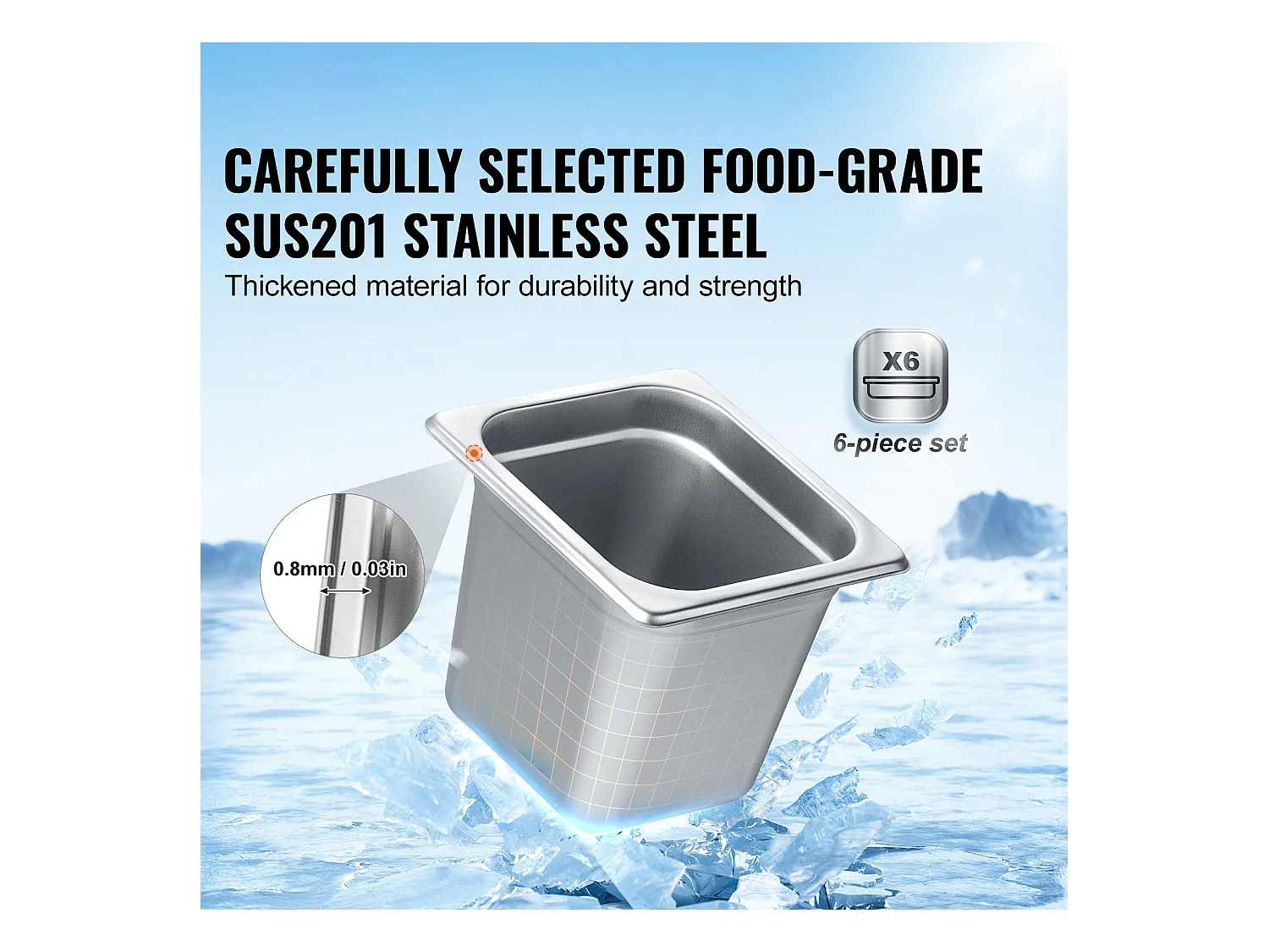 Plat SucceBuy Lot de 6 Casseroles d'Hôtel de Taille 1/6, Casserole Profonde en Acier Inoxydable de 15.24CM pour Table à Vapeur