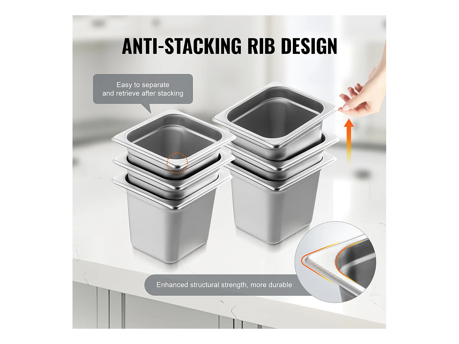 Plat SucceBuy Lot de 6 Casseroles d'Hôtel de Taille 1/6, Casserole Profonde en Acier Inoxydable de 15.24CM pour Table à Vapeur