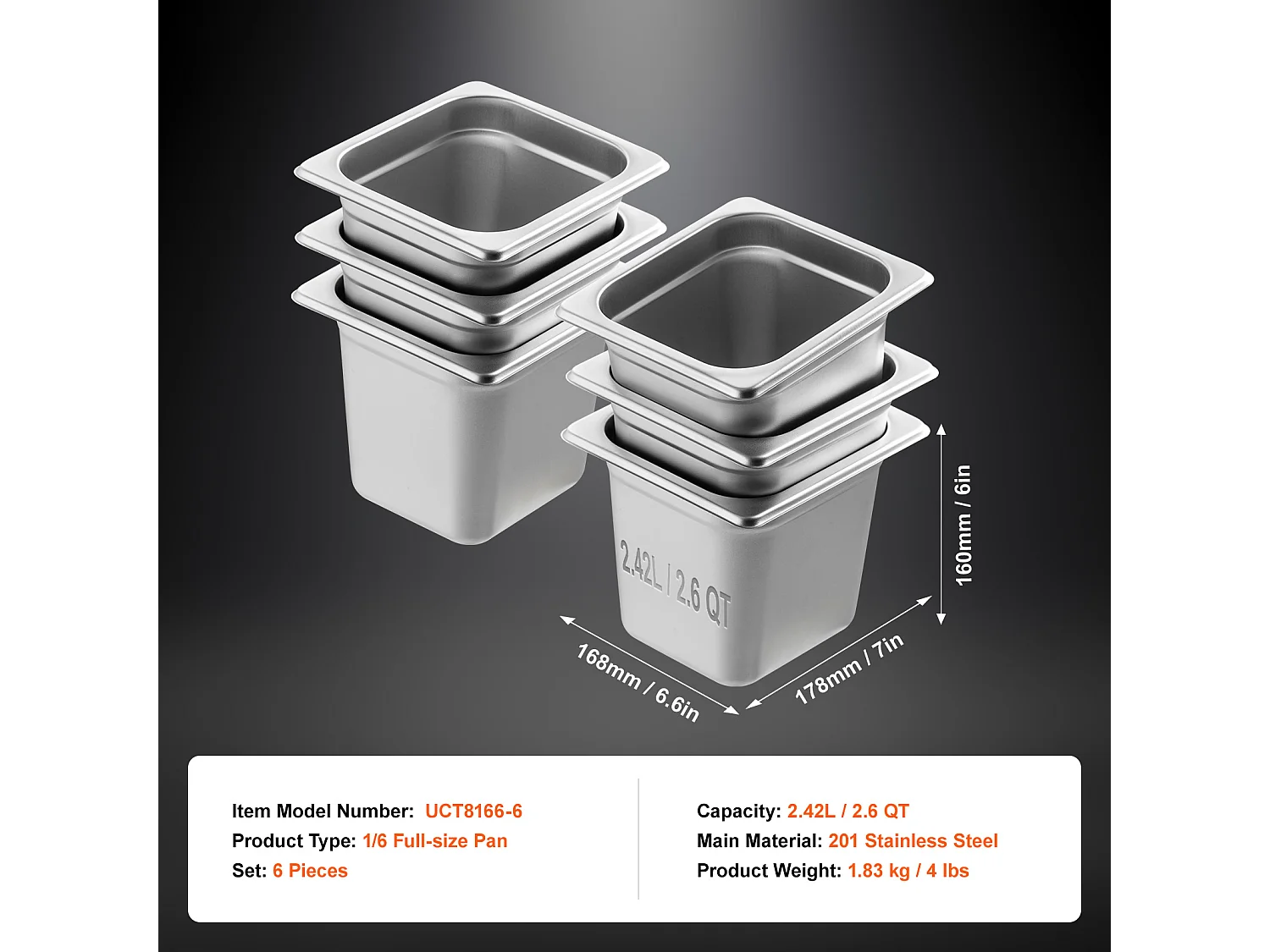 Plat SucceBuy Lot de 6 Casseroles d'Hôtel de Taille 1/6, Casserole Profonde en Acier Inoxydable de 15.24CM pour Table à Vapeur