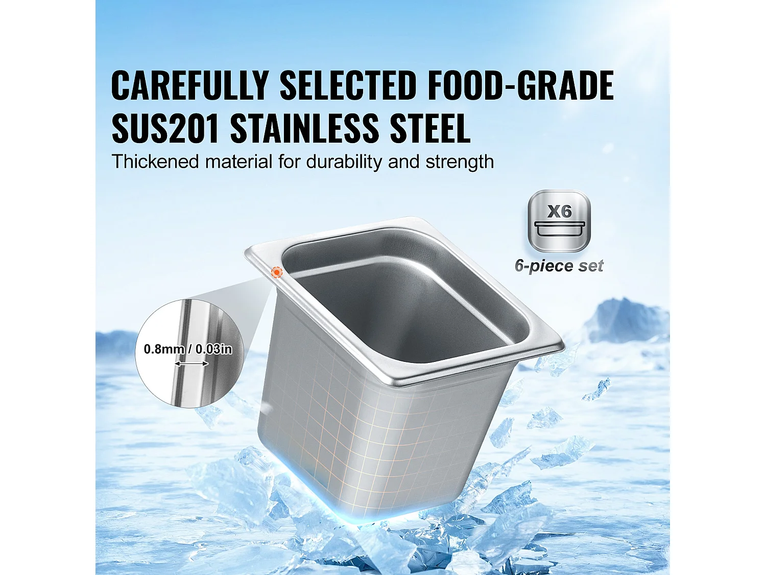 Plat SucceBuy Lot de 6 Casseroles d'Hôtel de Taille 1/6, Casserole Profonde en Acier Inoxydable de 15.24CM pour Table à Vapeur