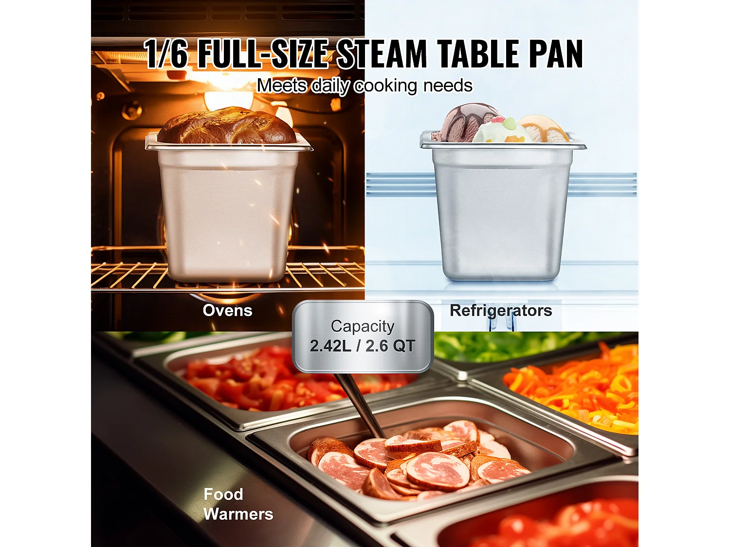 Plat SucceBuy Lot de 6 Casseroles d'Hôtel de Taille 1/6, Casserole Profonde en Acier Inoxydable de 15.24CM pour Table à Vapeur