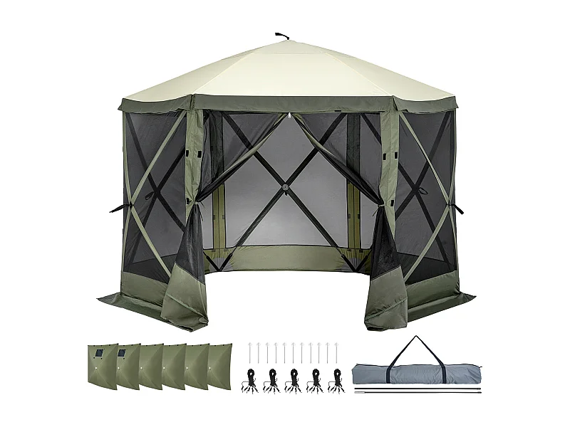 Gazebo SucceBuy Gazebo Pop-Up, Tenda da Sole a 6 Lati con 6 Pannelli per la Privacy e Finestre, 305 x 305 cm con Zanzariera, Verde Militare
