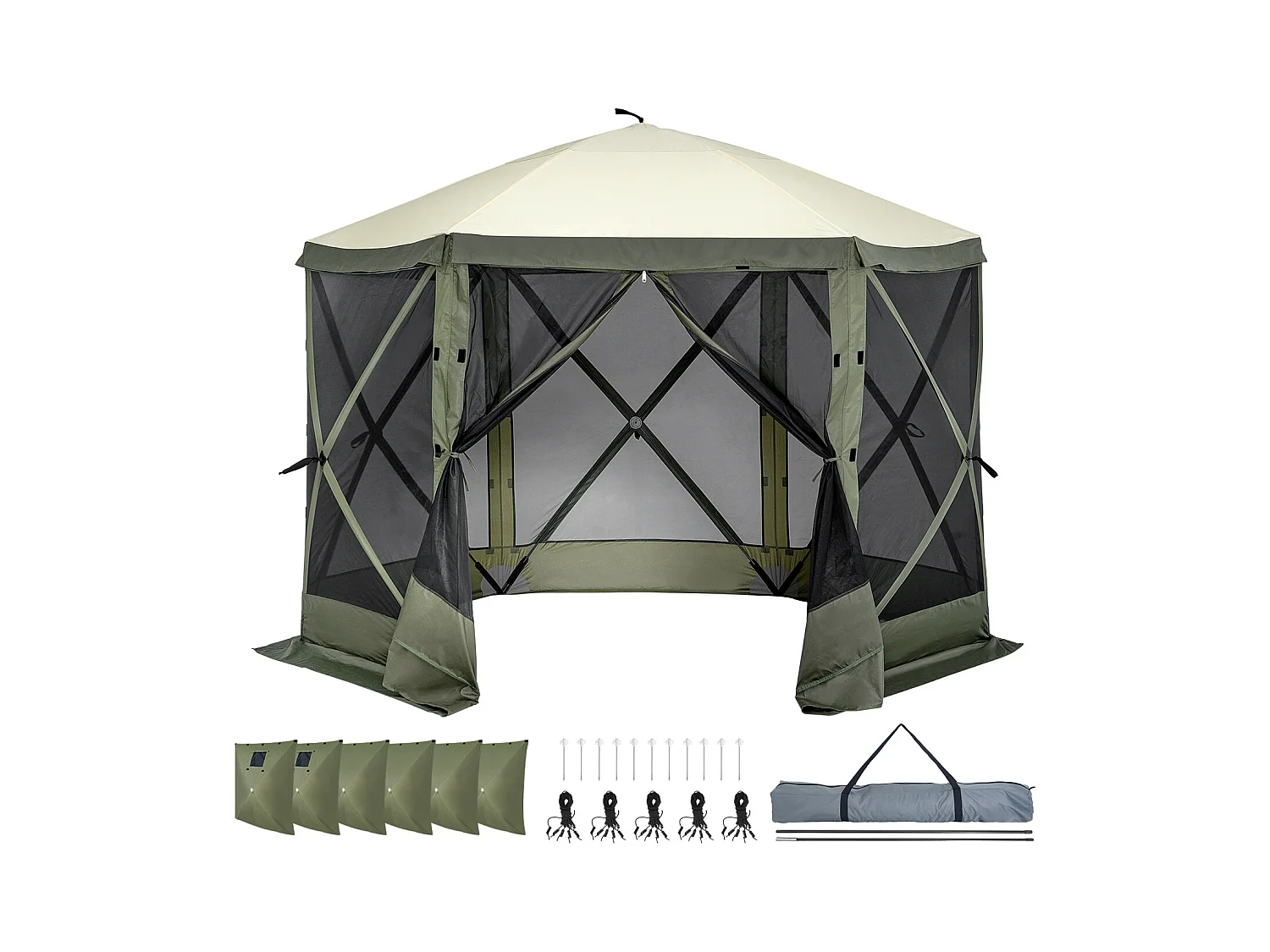 Tonnelle SucceBuy Tente de Tonnelle Pop-Up, Abri Solaire à 6 Côtés avec 6 Panneaux D'intimité et Fenêtres, 305 x 305 Cm avec Moustiquaire, Vert Armée