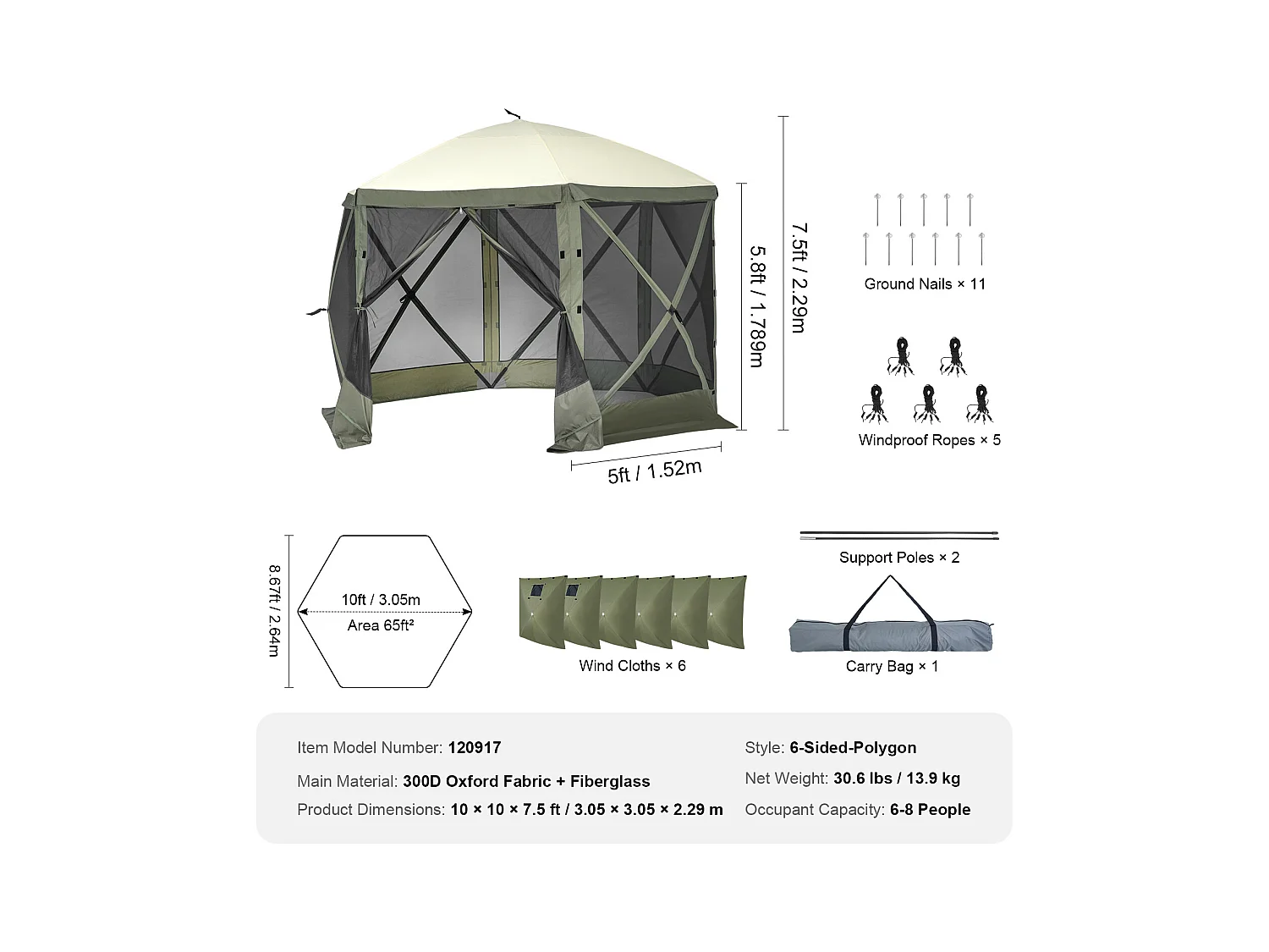 Tonnelle SucceBuy Tente de Tonnelle Pop-Up, Abri Solaire à 6 Côtés avec 6 Panneaux D'intimité et Fenêtres, 305 x 305 Cm avec Moustiquaire, Vert Armée