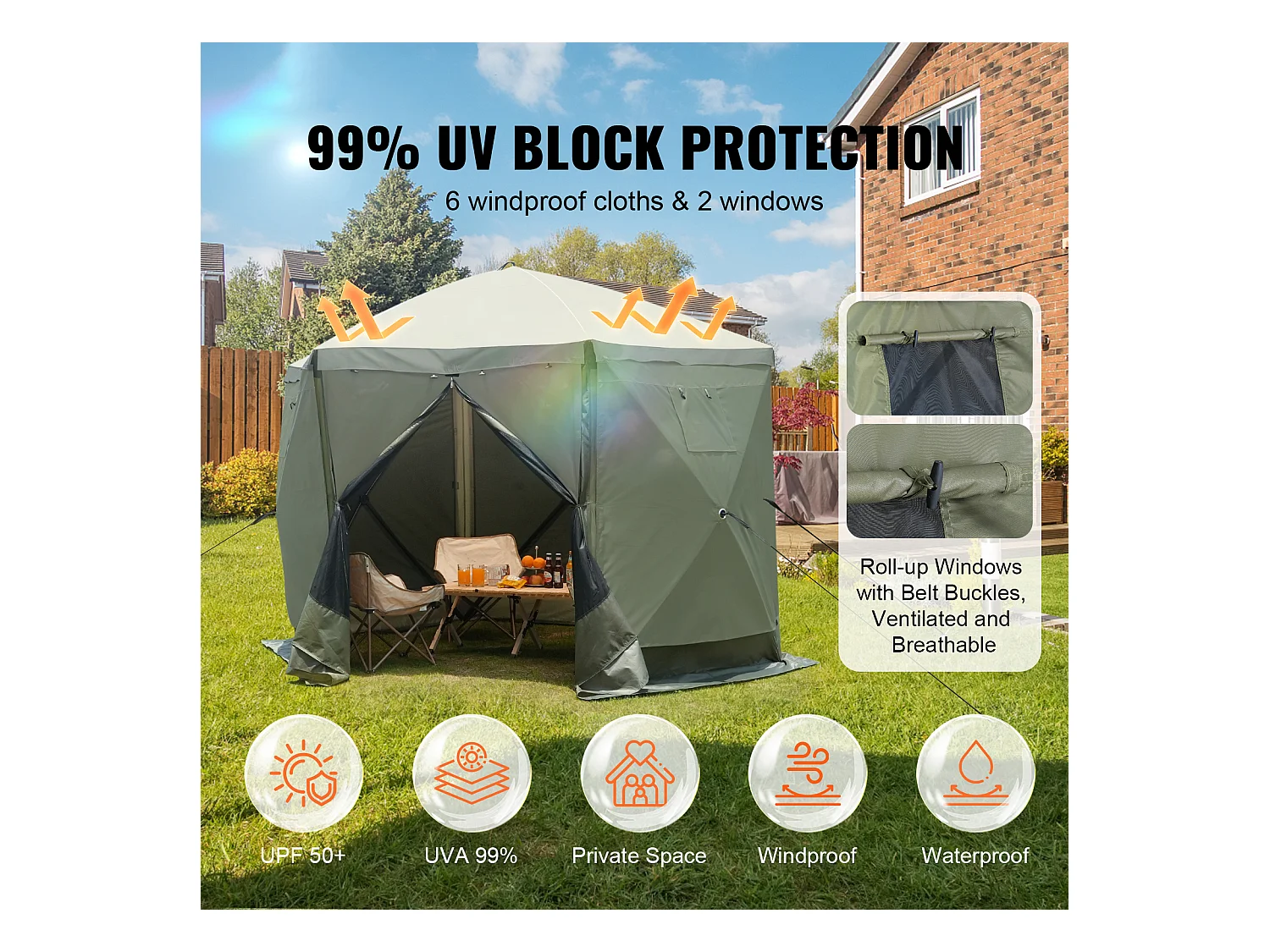 Tonnelle SucceBuy Tente de Tonnelle Pop-Up, Abri Solaire à 6 Côtés avec 6 Panneaux D'intimité et Fenêtres, 305 x 305 Cm avec Moustiquaire, Vert Armée