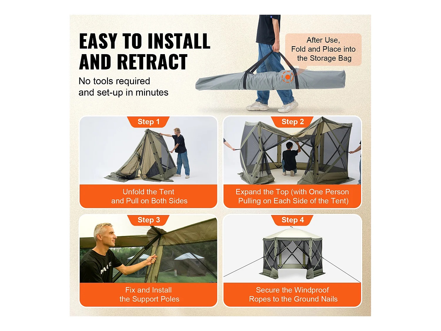 Tonnelle SucceBuy Tente de Tonnelle Pop-Up, Abri Solaire à 6 Côtés avec 6 Panneaux D'intimité et Fenêtres, 305 x 305 Cm avec Moustiquaire, Vert Armée