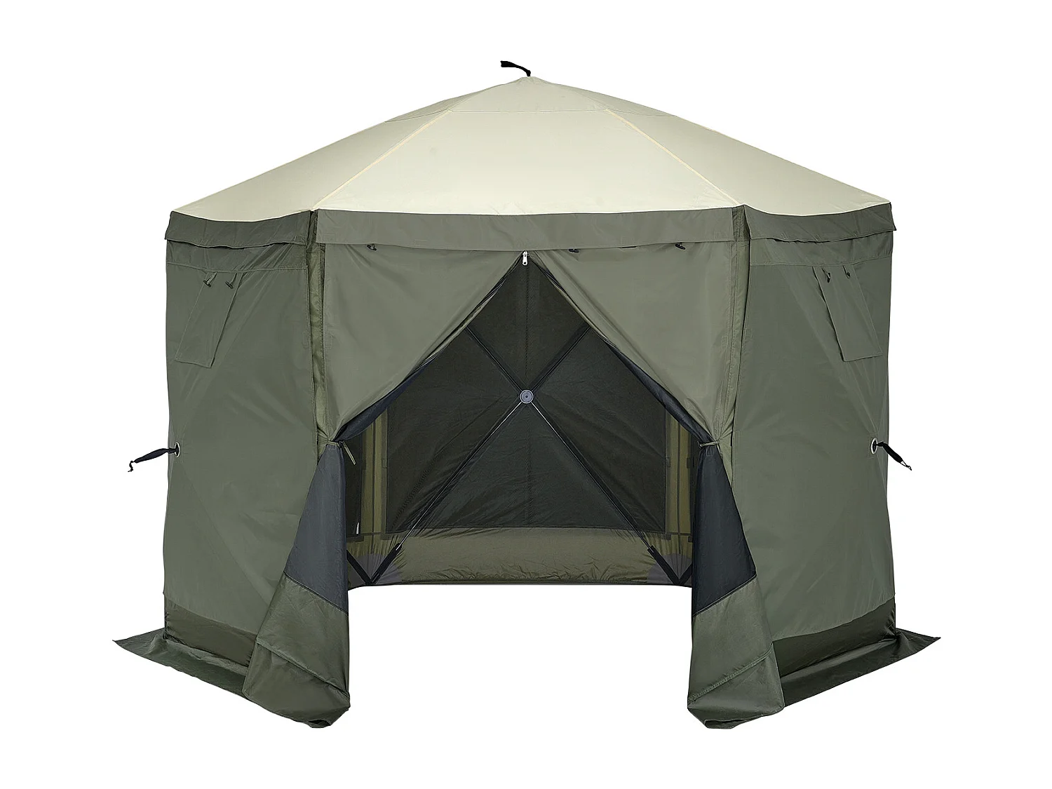 Tonnelle SucceBuy Tente de Tonnelle Pop-Up, Abri Solaire à 6 Côtés avec 6 Panneaux D'intimité et Fenêtres, 305 x 305 Cm avec Moustiquaire, Vert Armée