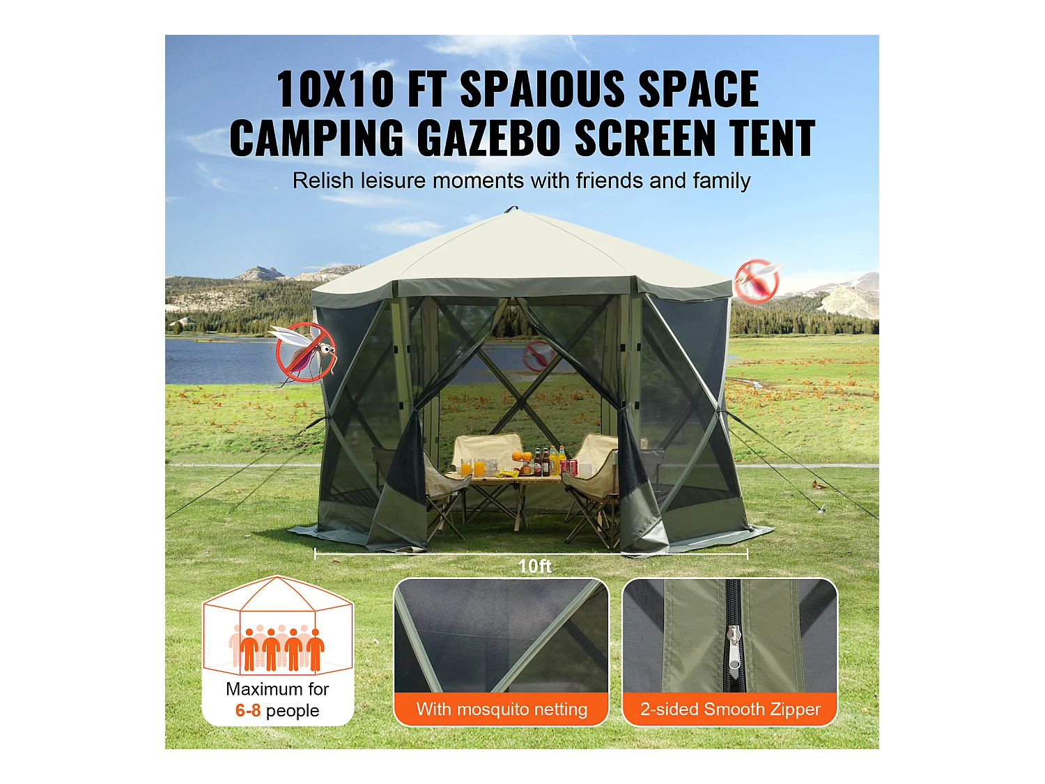 Tonnelle SucceBuy Tente de Tonnelle Pop-Up, Abri Solaire à 6 Côtés avec 6 Panneaux D'intimité et Fenêtres, 305 x 305 Cm avec Moustiquaire, Vert Armée
