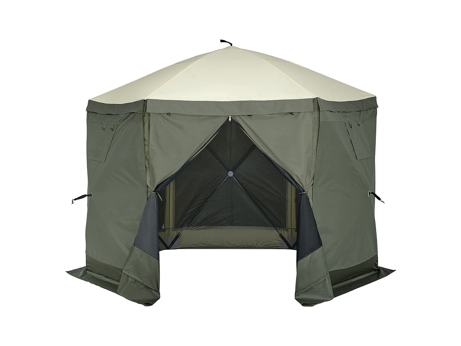Tonnelle SucceBuy Tente de Tonnelle Pop-Up, Abri Solaire à 6 Côtés avec 6 Panneaux D'intimité et Fenêtres, 305 x 305 Cm avec Moustiquaire, Vert Armée