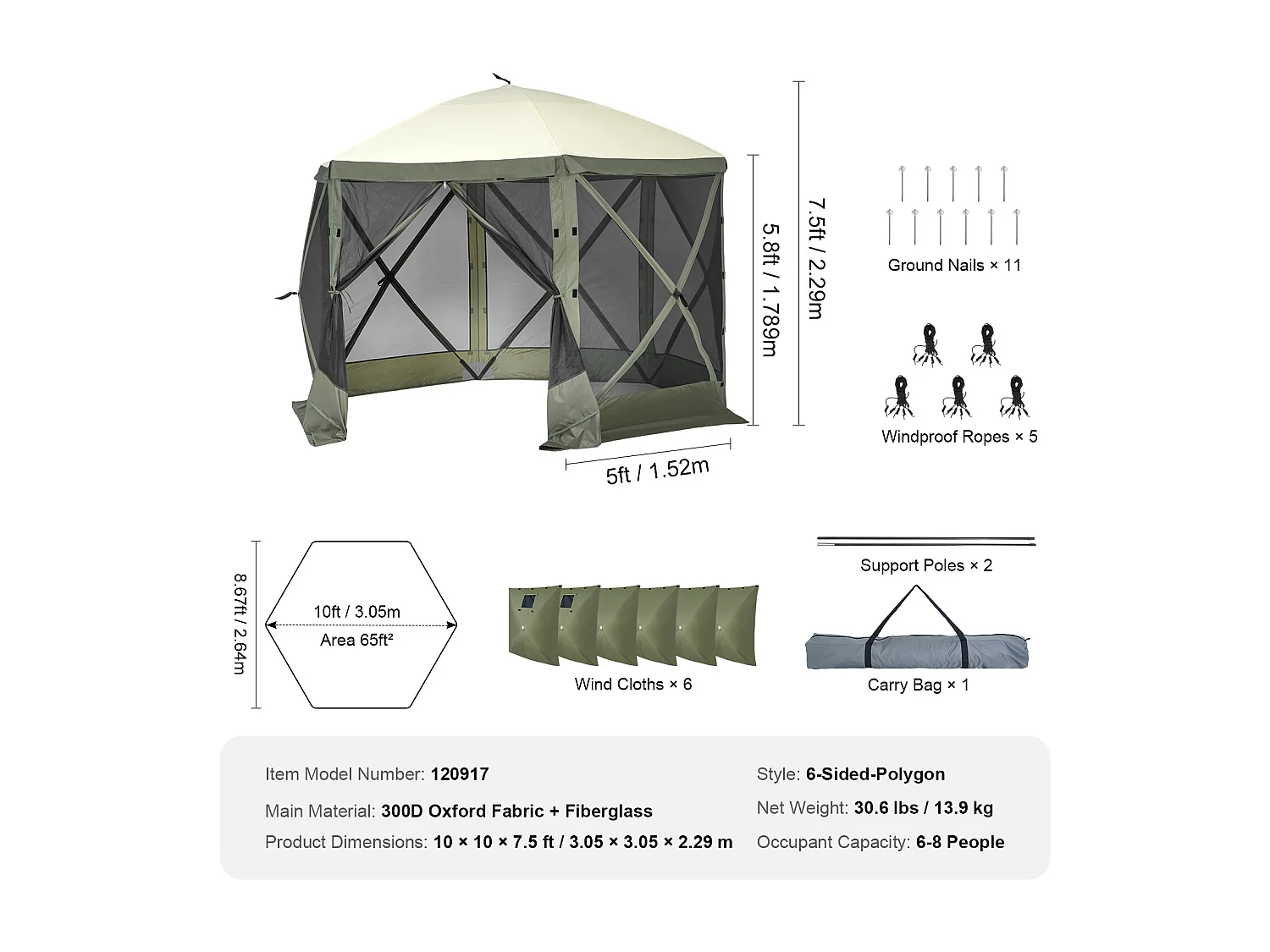 Tonnelle SucceBuy Tente de Tonnelle Pop-Up, Abri Solaire à 6 Côtés avec 6 Panneaux D'intimité et Fenêtres, 305 x 305 Cm avec Moustiquaire, Vert Armée
