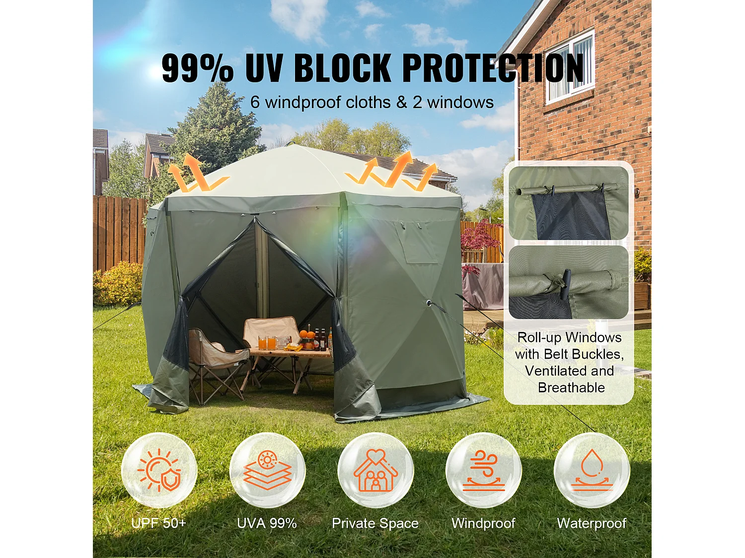 Tonnelle SucceBuy Tente de Tonnelle Pop-Up, Abri Solaire à 6 Côtés avec 6 Panneaux D'intimité et Fenêtres, 305 x 305 Cm avec Moustiquaire, Vert Armée