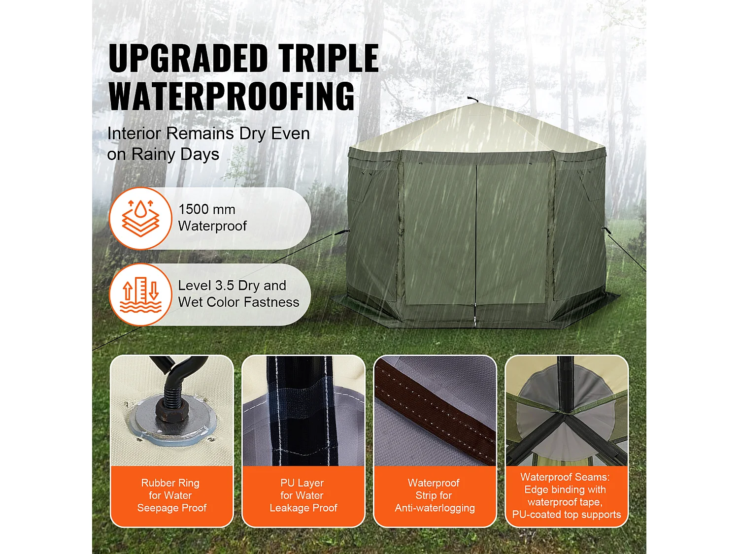 Tonnelle SucceBuy Tente de Tonnelle Pop-Up, Abri Solaire à 6 Côtés avec 6 Panneaux D'intimité et Fenêtres, 305 x 305 Cm avec Moustiquaire, Vert Armée