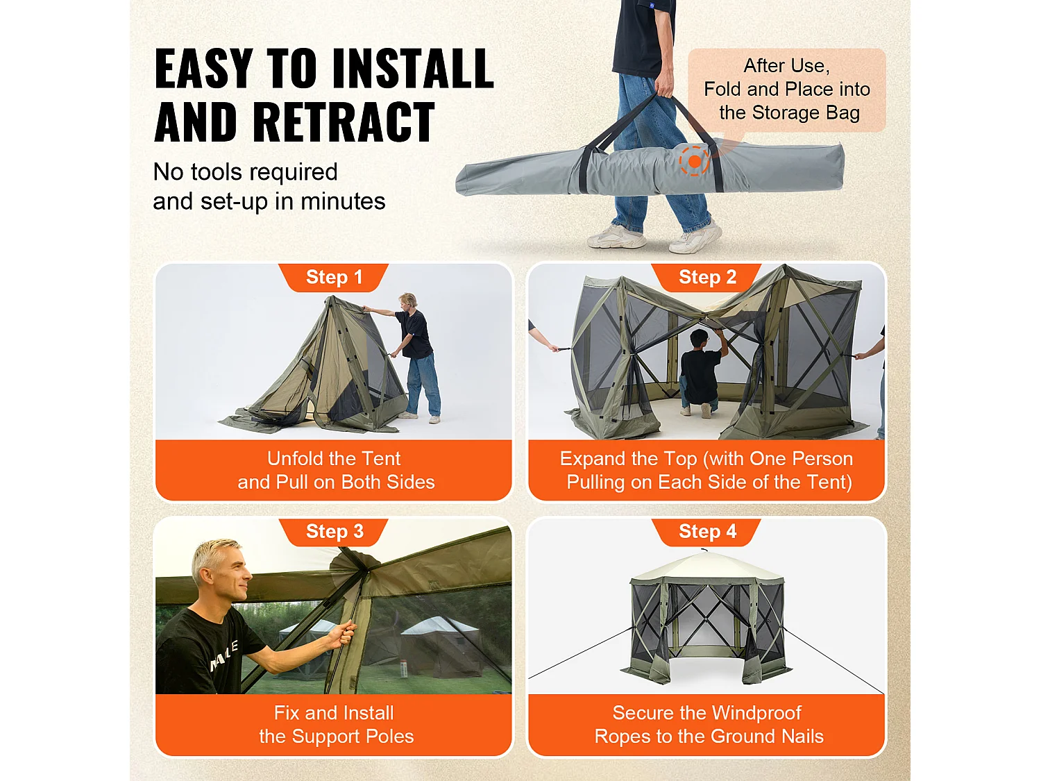 Tonnelle SucceBuy Tente de Tonnelle Pop-Up, Abri Solaire à 6 Côtés avec 6 Panneaux D'intimité et Fenêtres, 305 x 305 Cm avec Moustiquaire, Vert Armée