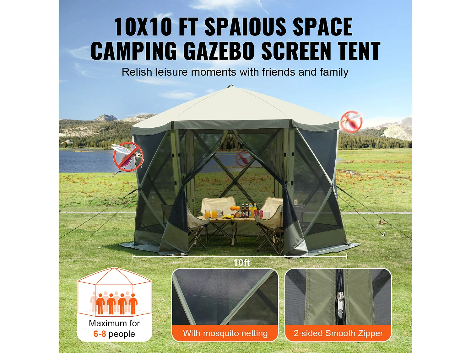 Tonnelle SucceBuy Tente de Tonnelle Pop-Up, Abri Solaire à 6 Côtés avec 6 Panneaux D'intimité et Fenêtres, 305 x 305 Cm avec Moustiquaire, Vert Armée