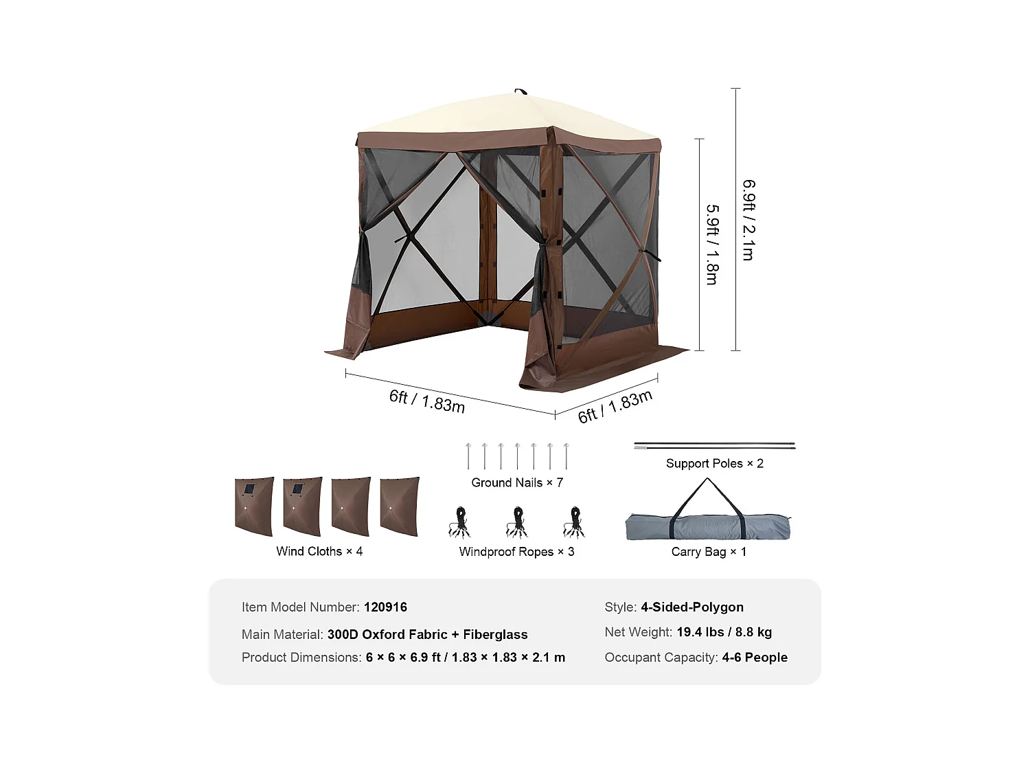 Carpa SucceBuy Carpa Plegable, Refugio Solar de 4 Lados con Paneles de Privacidad y Ventanas, 1,8 x 1,8 M con Mosquitera, Color Marrón