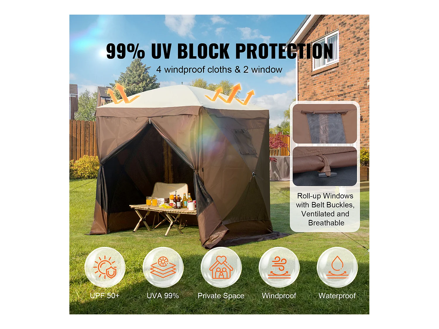 Carpa SucceBuy Carpa Plegable, Refugio Solar de 4 Lados con Paneles de Privacidad y Ventanas, 1,8 x 1,8 M con Mosquitera, Color Marrón