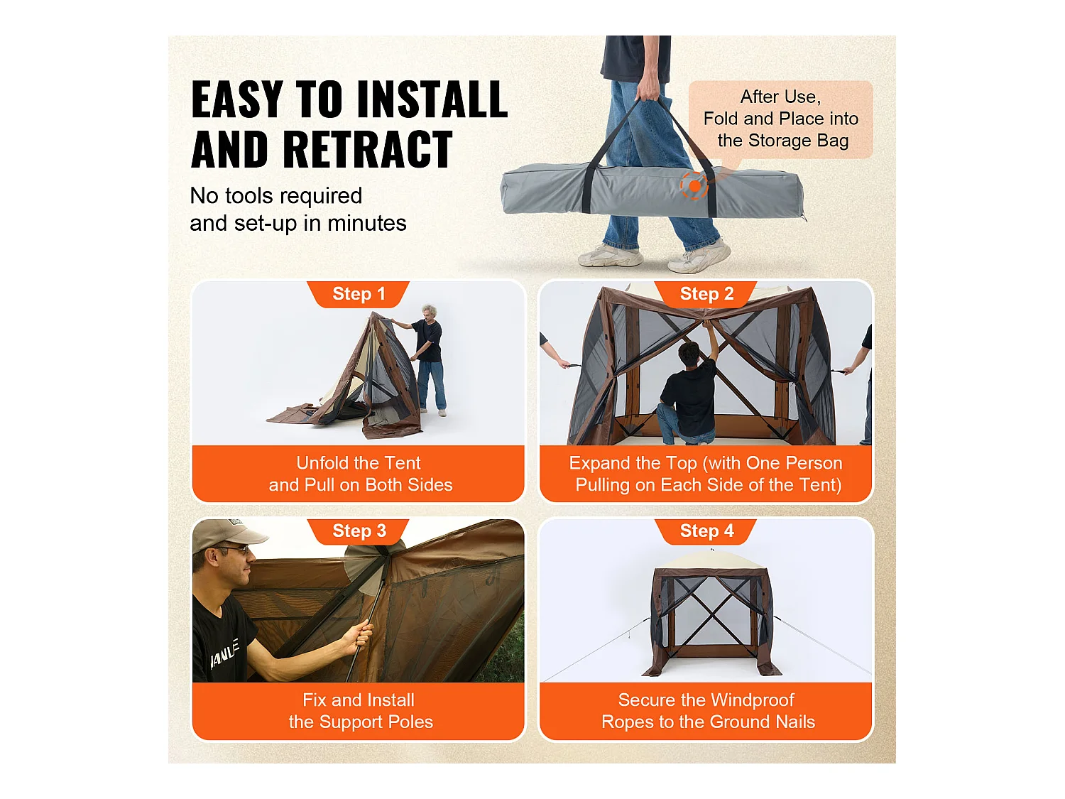 Carpa SucceBuy Carpa Plegable, Refugio Solar de 4 Lados con Paneles de Privacidad y Ventanas, 1,8 x 1,8 M con Mosquitera, Color Marrón