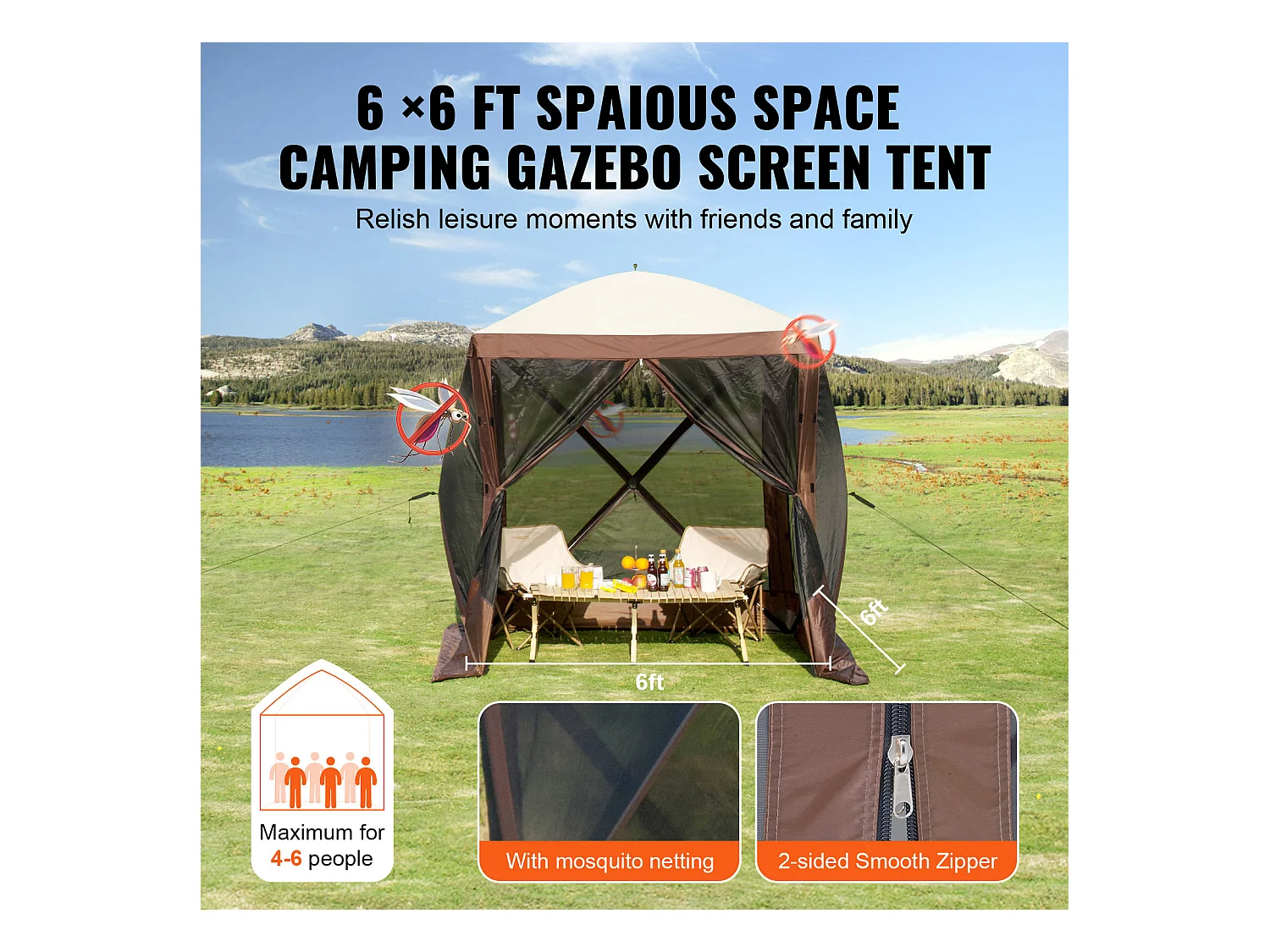 Carpa SucceBuy Carpa Plegable, Refugio Solar de 4 Lados con Paneles de Privacidad y Ventanas, 1,8 x 1,8 M con Mosquitera, Color Marrón