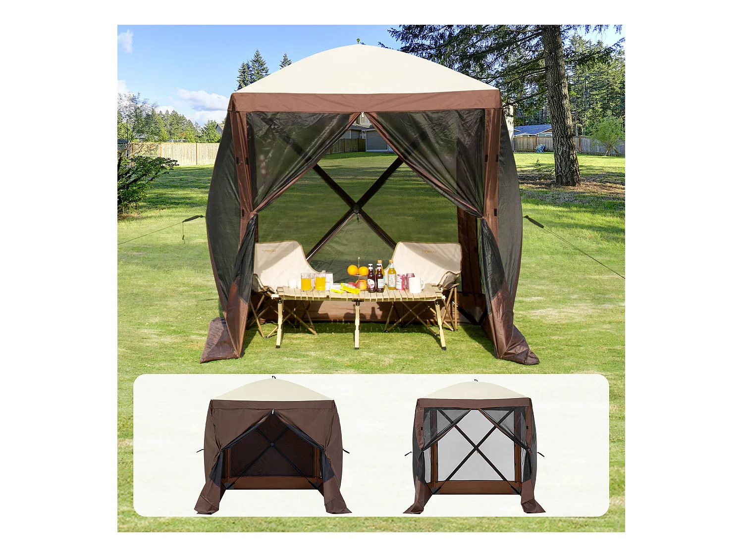 Carpa SucceBuy Carpa Plegable, Refugio Solar de 4 Lados con Paneles de Privacidad y Ventanas, 1,8 x 1,8 M con Mosquitera, Color Marrón